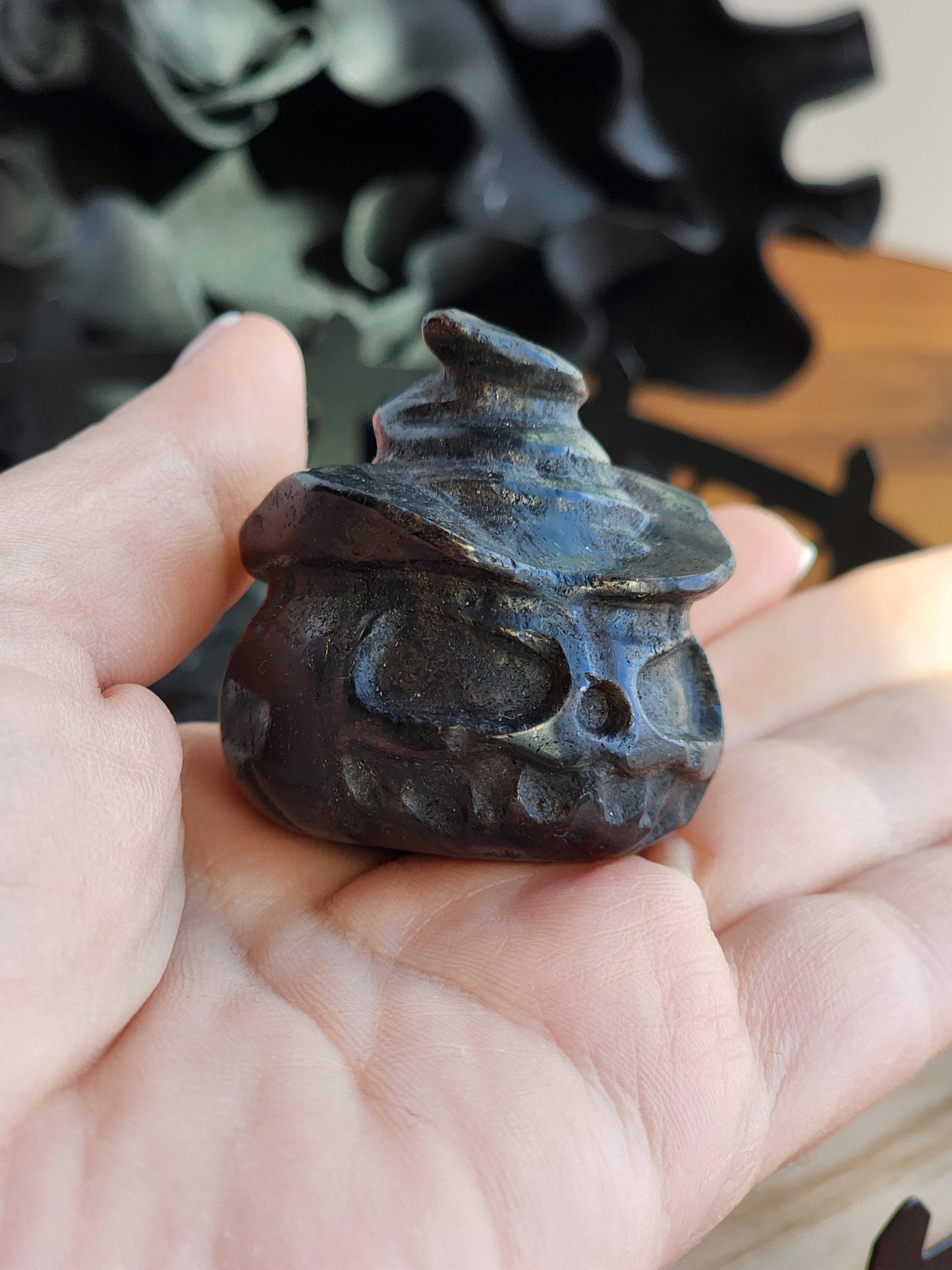 Crystal Halloween Pumpkin Carving with Witch Hat | Fireworks Garnet | Home Décor for Spooky Season | Arfvedsonite Stone | Unique Gift