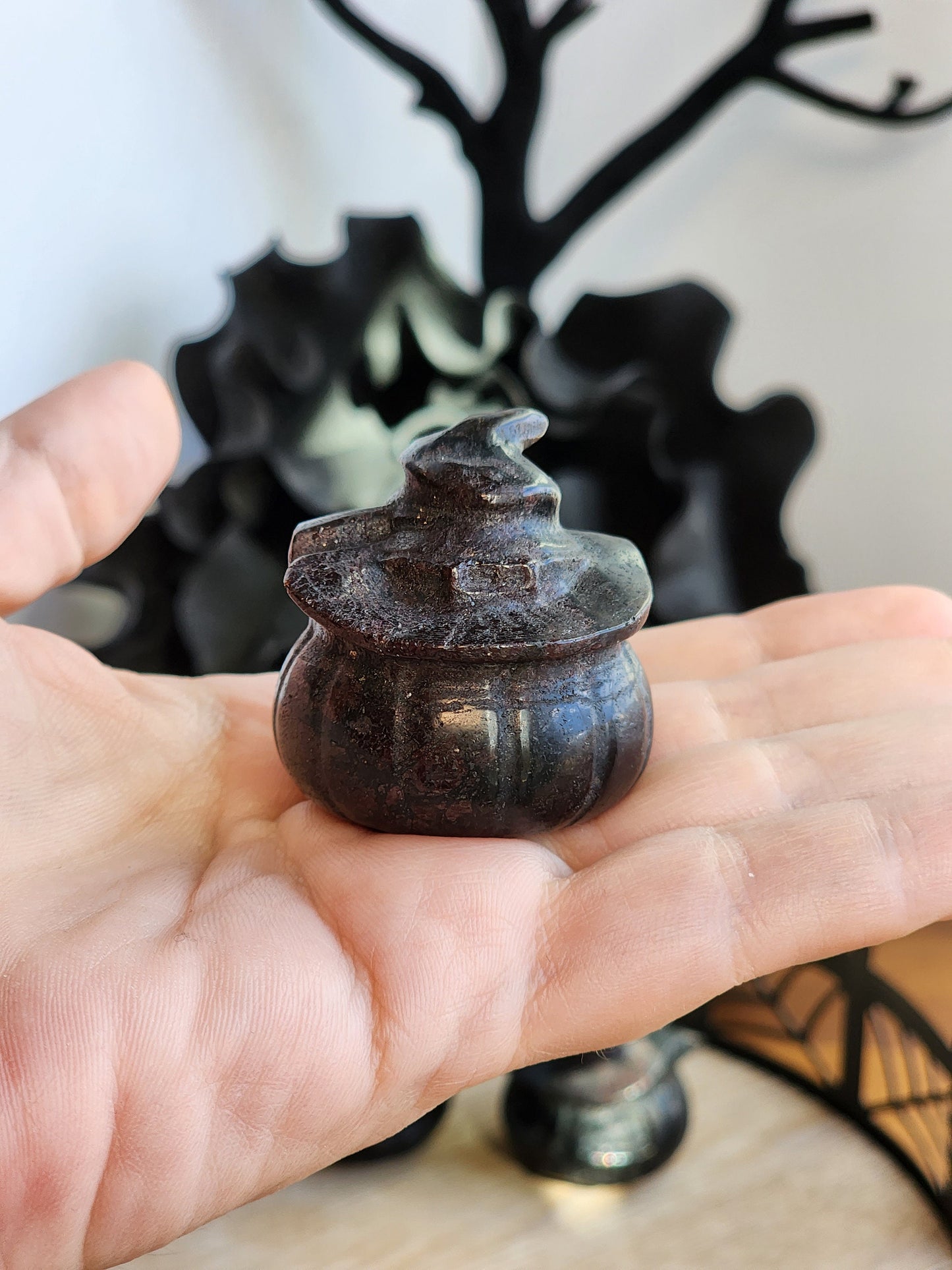 Crystal Halloween Pumpkin Carving with Witch Hat | Fireworks Garnet | Home Décor for Spooky Season | Arfvedsonite Stone | Unique Gift