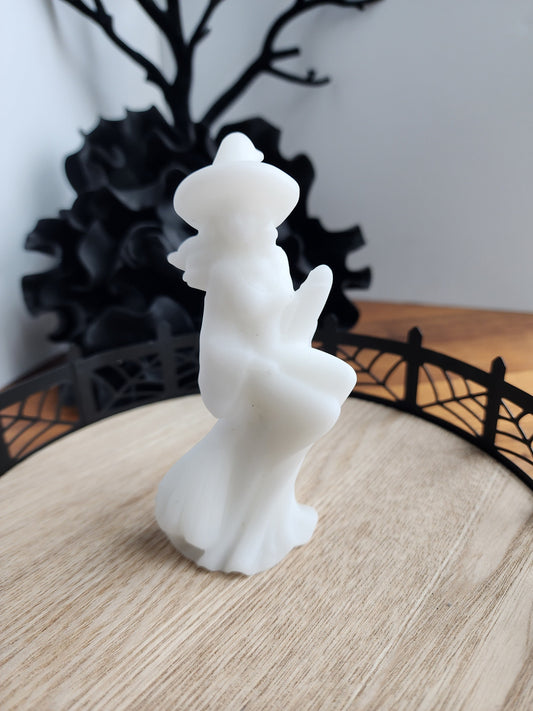 White Jade Witch | 4.5" Tall Crystal | Witchy Vibes | Halloween Carving | Witch with Hat on Broom | 3D Carving | Only ONE