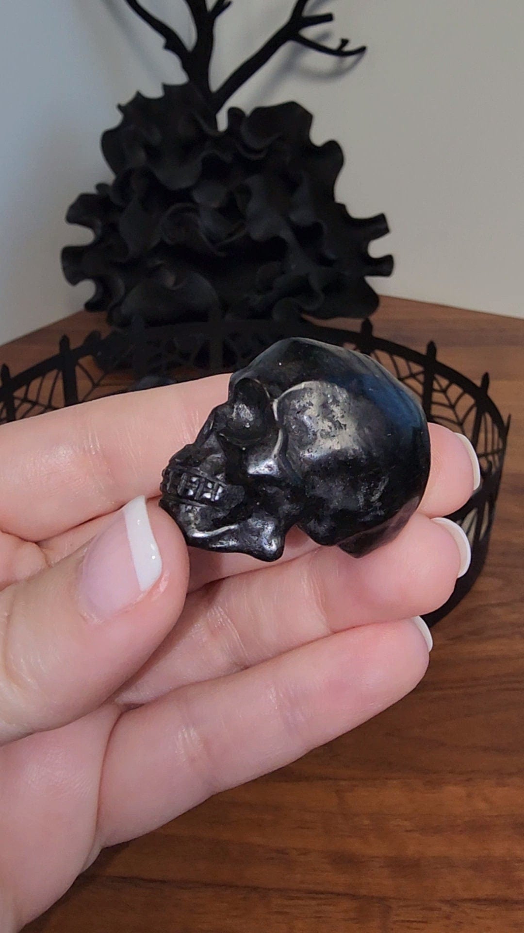 Firework Stone Skulls | 1.5" | Crystal Astrophyllite | Decor for Spooky Season | Great for Halloween Villages or Summerween Displays