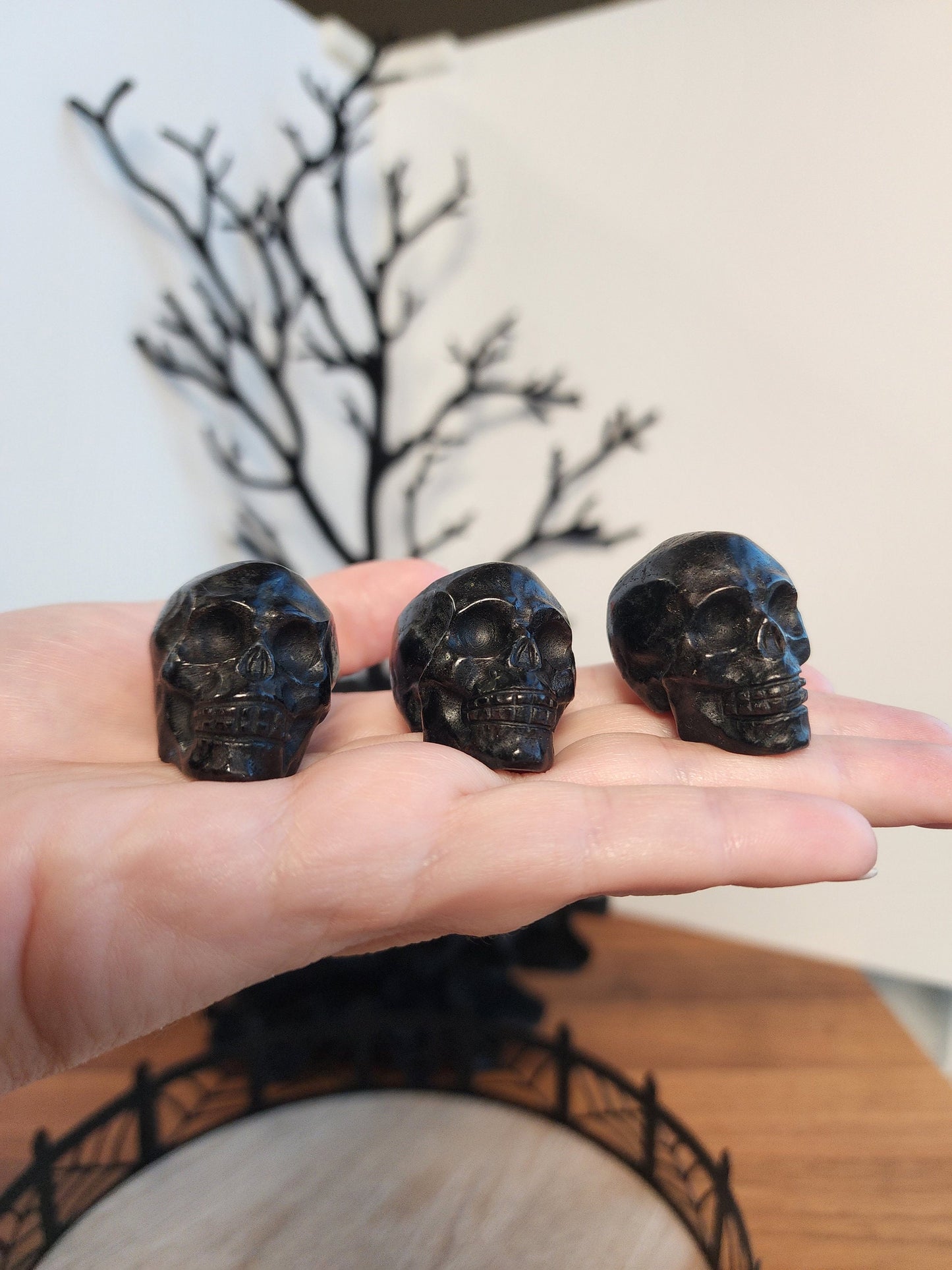 Firework Stone Skulls | 1.5" | Crystal Astrophyllite | Decor for Spooky Season | Great for Halloween Villages or Summerween Displays