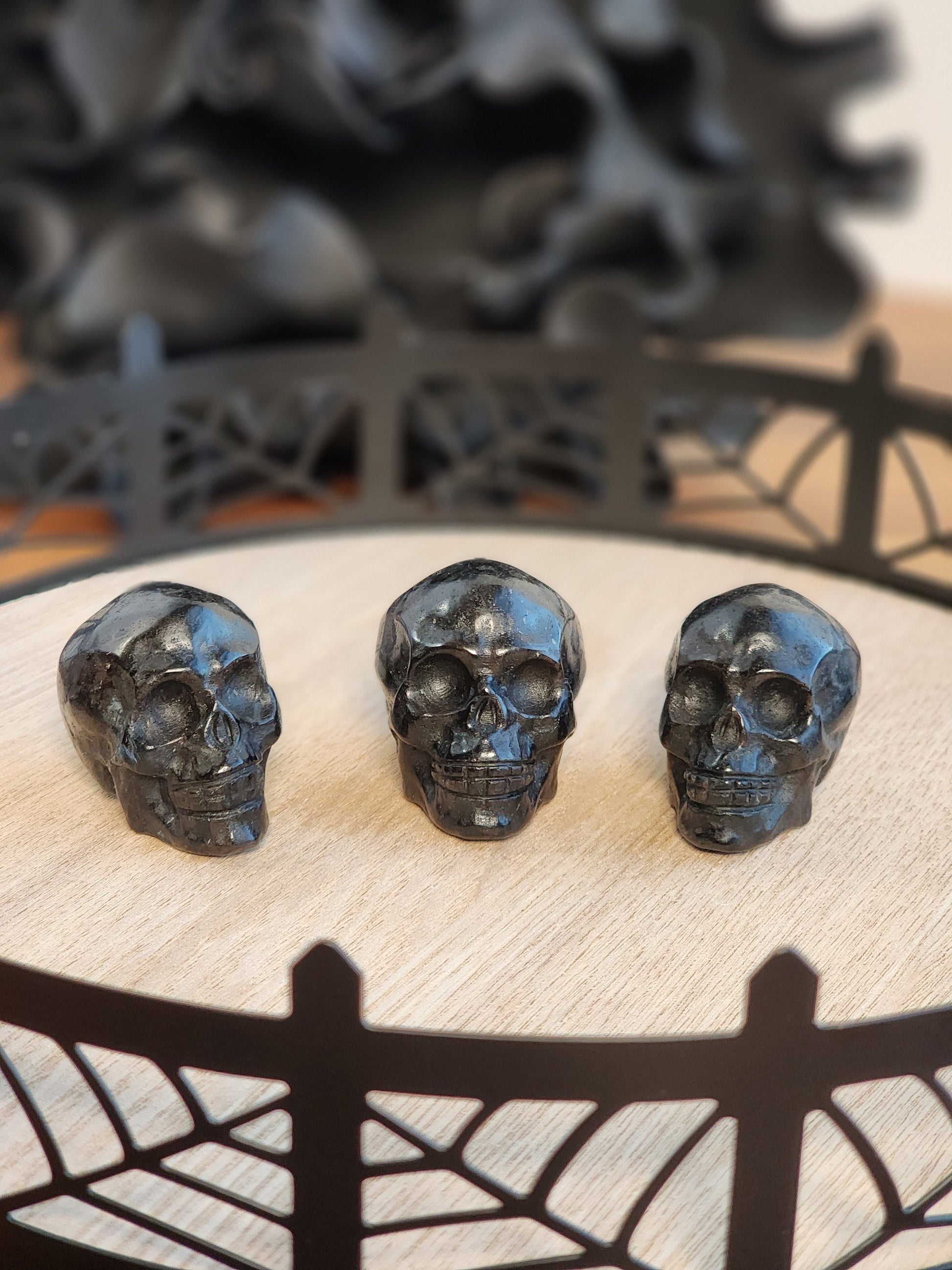 Firework Stone Skulls | 1.5" | Crystal Astrophyllite | Decor for Spooky Season | Great for Halloween Villages or Summerween Displays