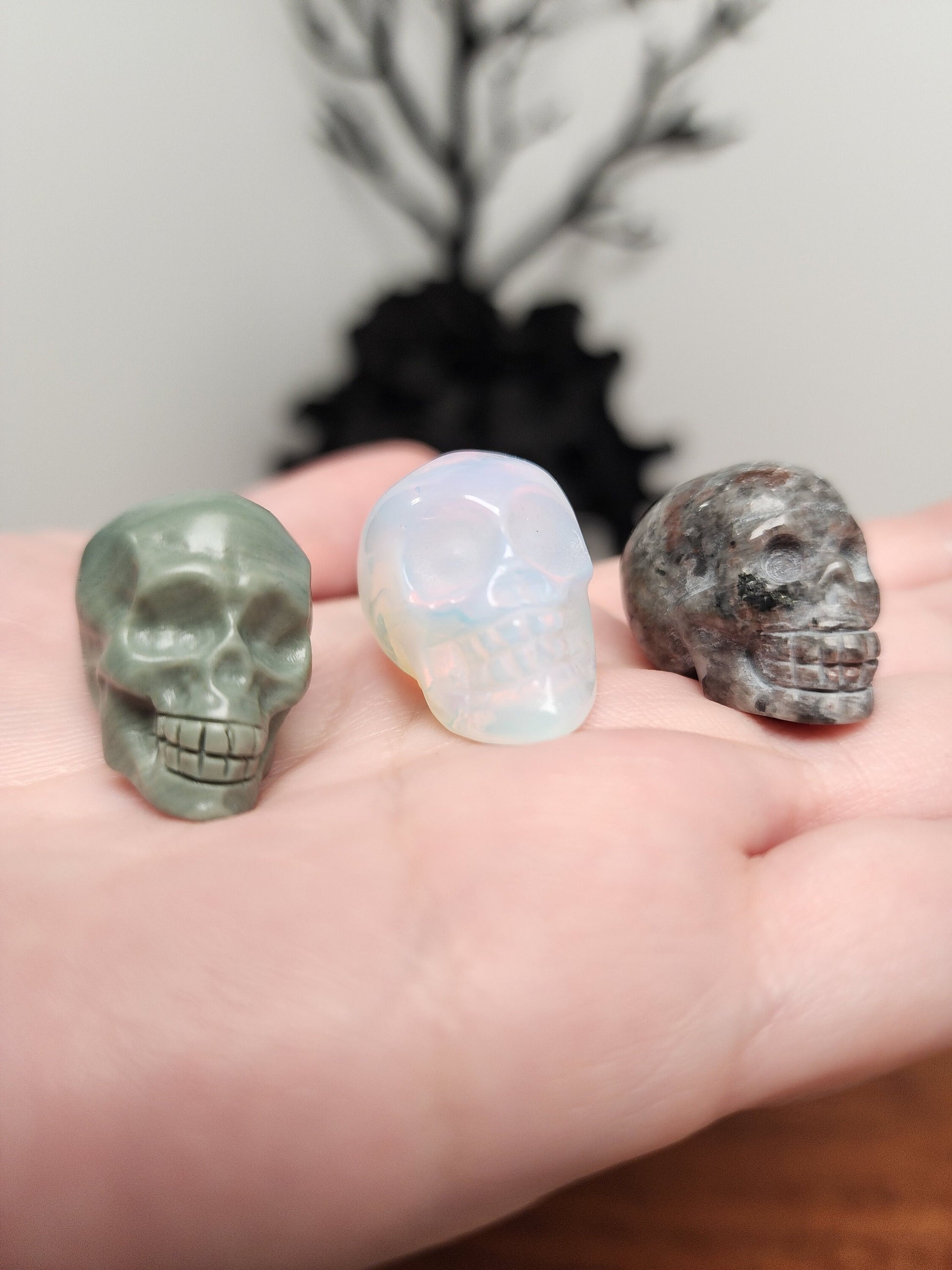 Mini Crystal Skulls | Under 1" | Spooky Hand Carved Halloween Decor | White, Rose, Green, Black, Opalite, Purple | Spooky Scary Skeletons