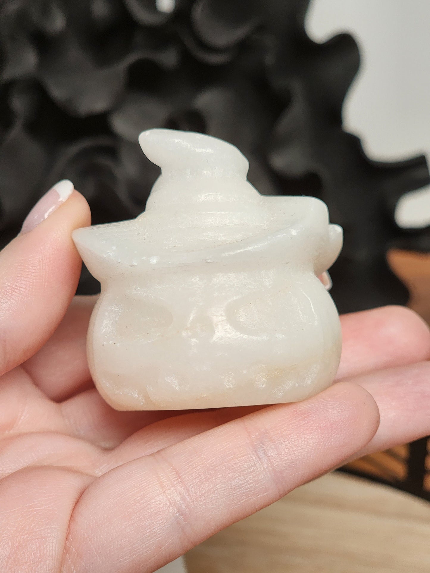 Scary White Jade Crystal Pumpkin with Witch Hat - Halloween Decor - Spooky Season - White Witch Home Decor