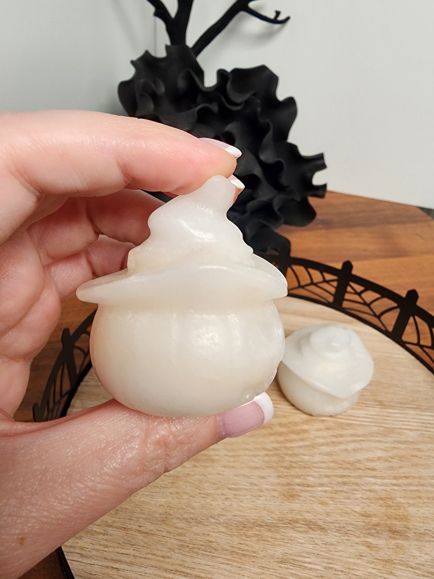 Scary White Jade Crystal Pumpkin with Witch Hat - Halloween Decor - Spooky Season - White Witch Home Decor