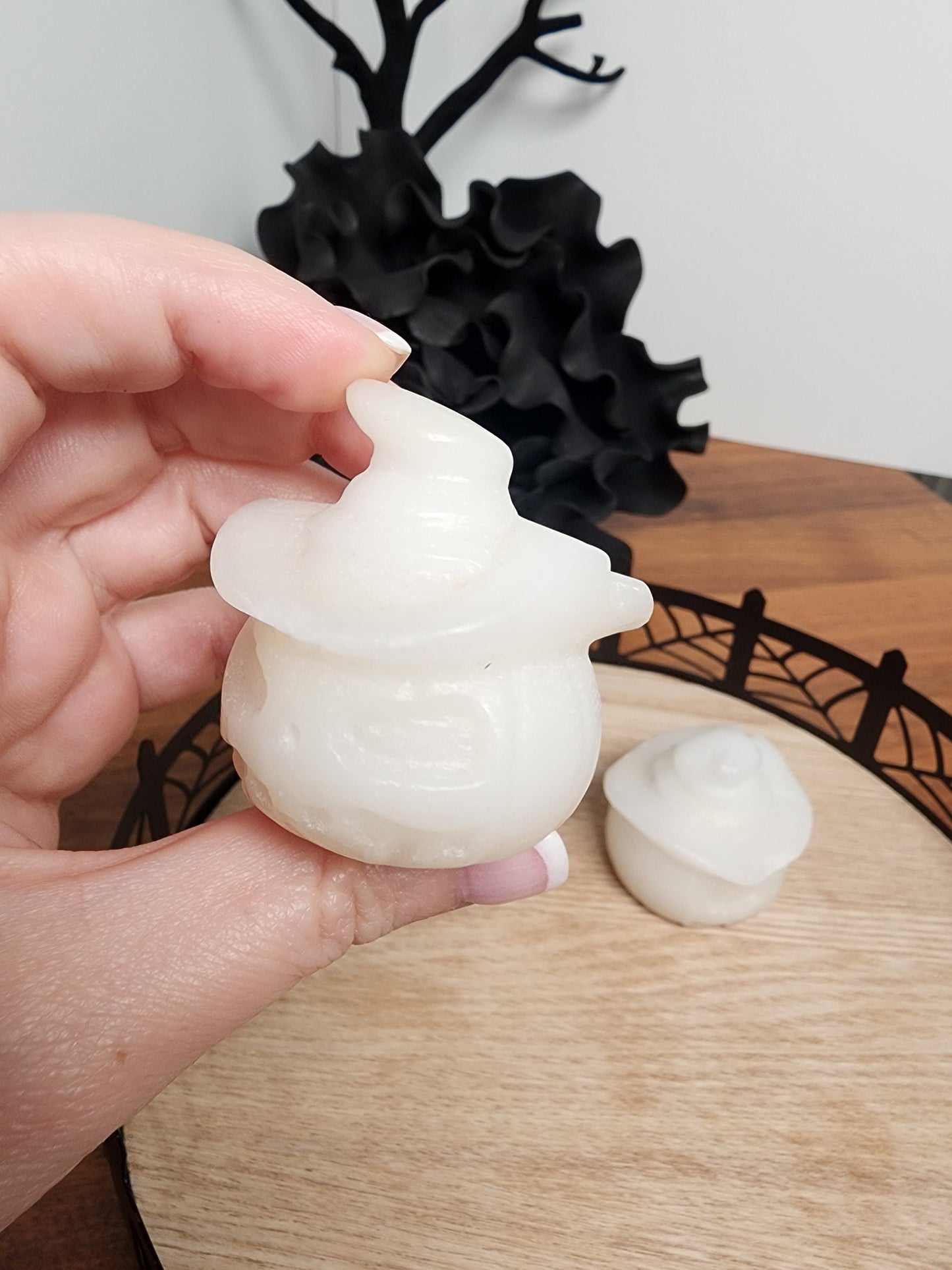 Scary White Jade Crystal Pumpkin with Witch Hat - Halloween Decor - Spooky Season - White Witch Home Decor