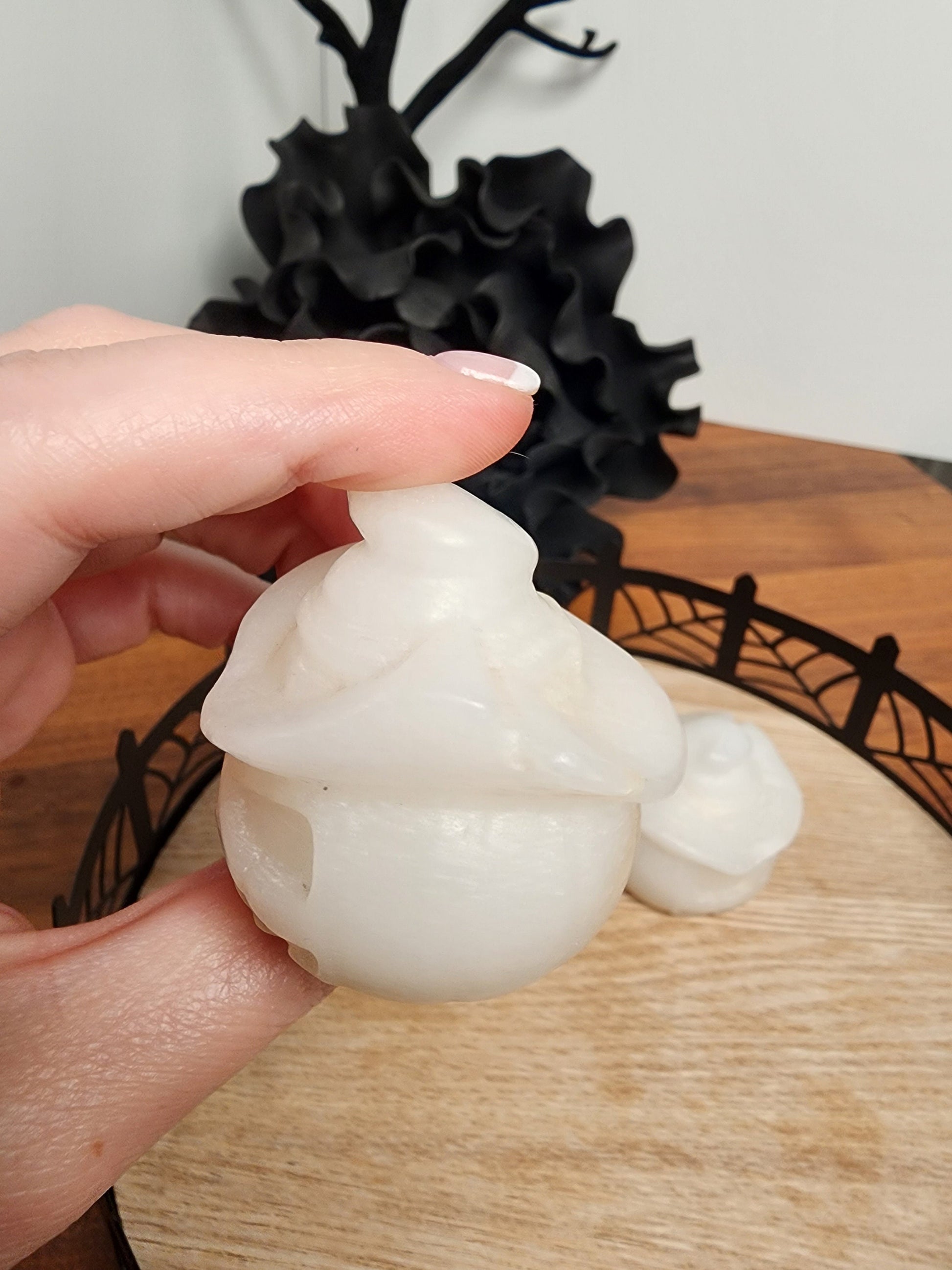 Scary White Jade Crystal Pumpkin with Witch Hat - Halloween Decor - Spooky Season - White Witch Home Decor