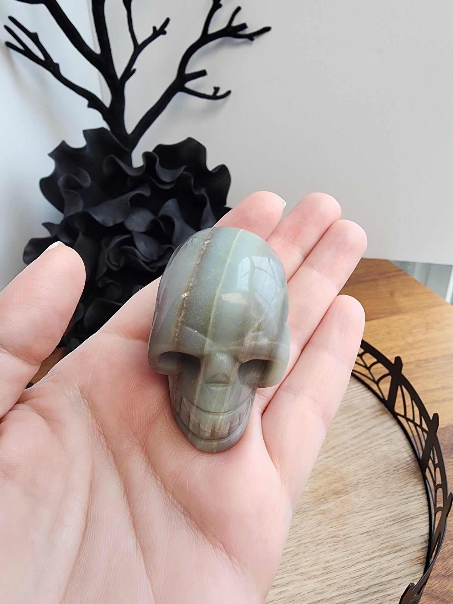 Caribbean Calcite Skull | 2" | Personal Collection | Halloween Decor | Blue Green Skeleton Head with Racing Stripe Pattern | Only One