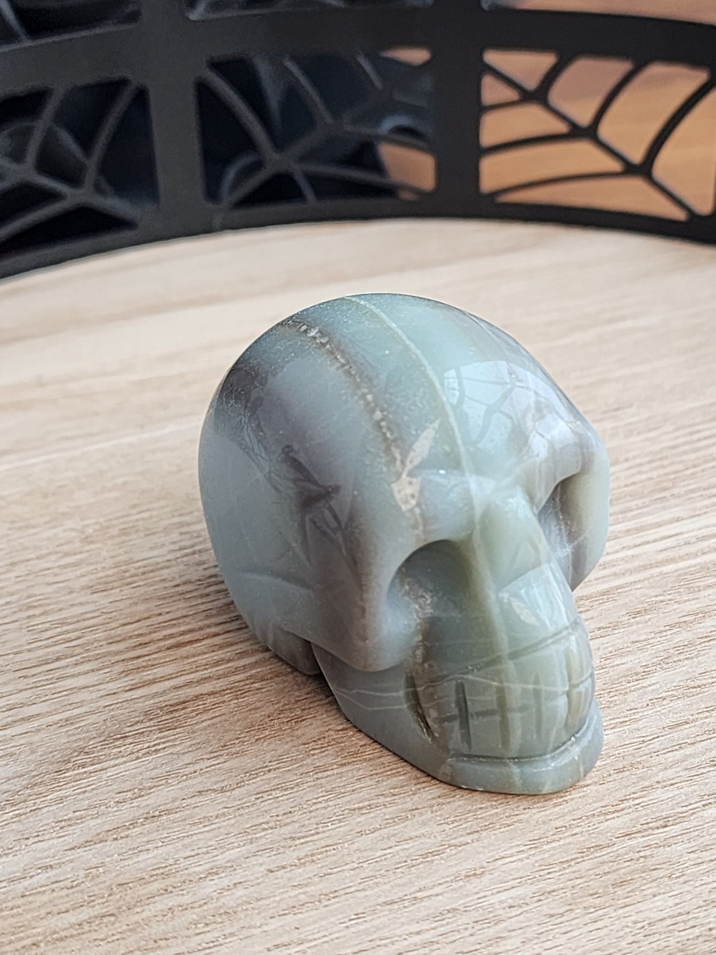 Caribbean Calcite Skull | 2" | Personal Collection | Halloween Decor | Blue Green Skeleton Head with Racing Stripe Pattern | Only One