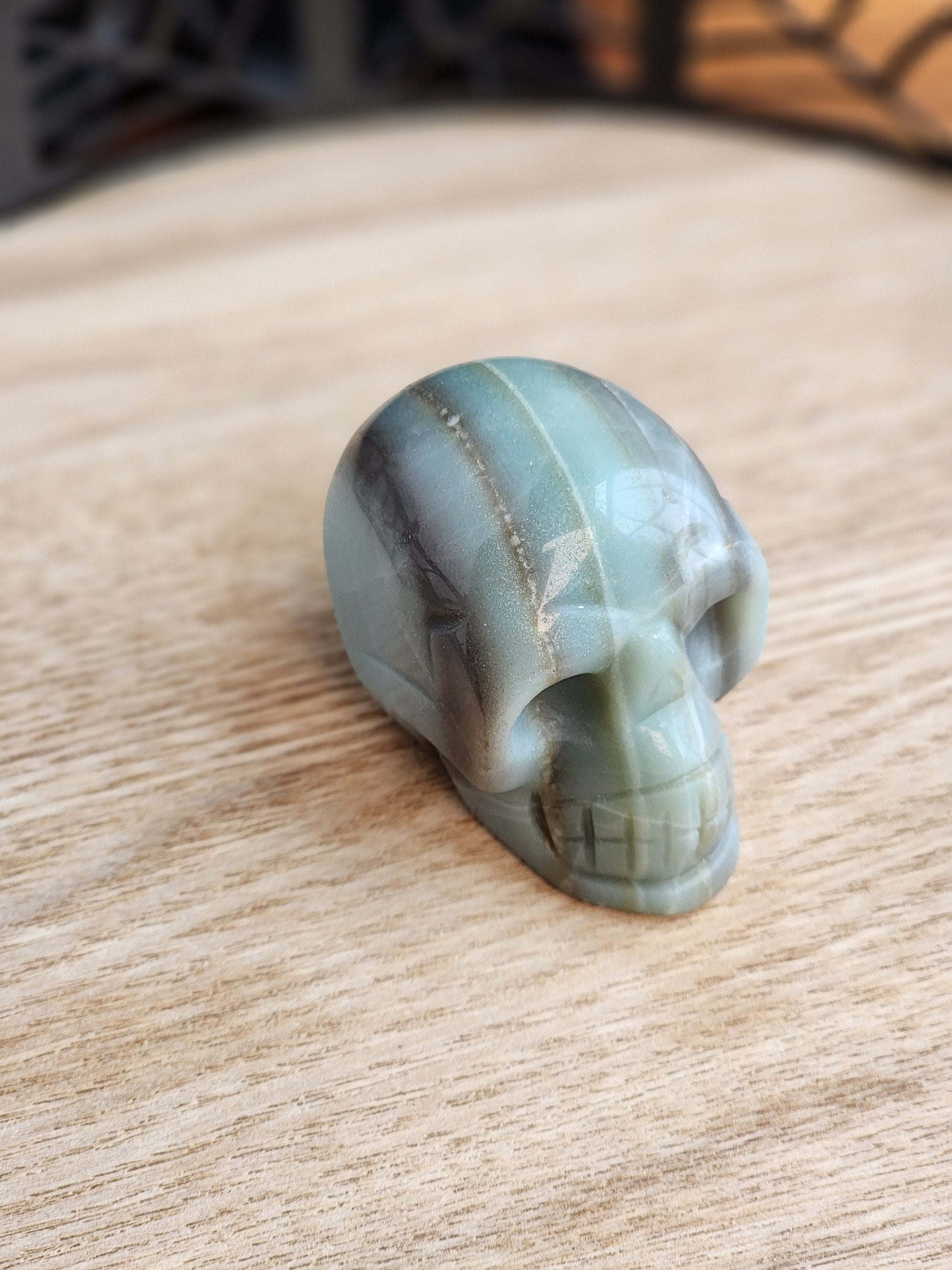 Caribbean Calcite Skull | 2" | Personal Collection | Halloween Decor | Blue Green Skeleton Head with Racing Stripe Pattern | Only One