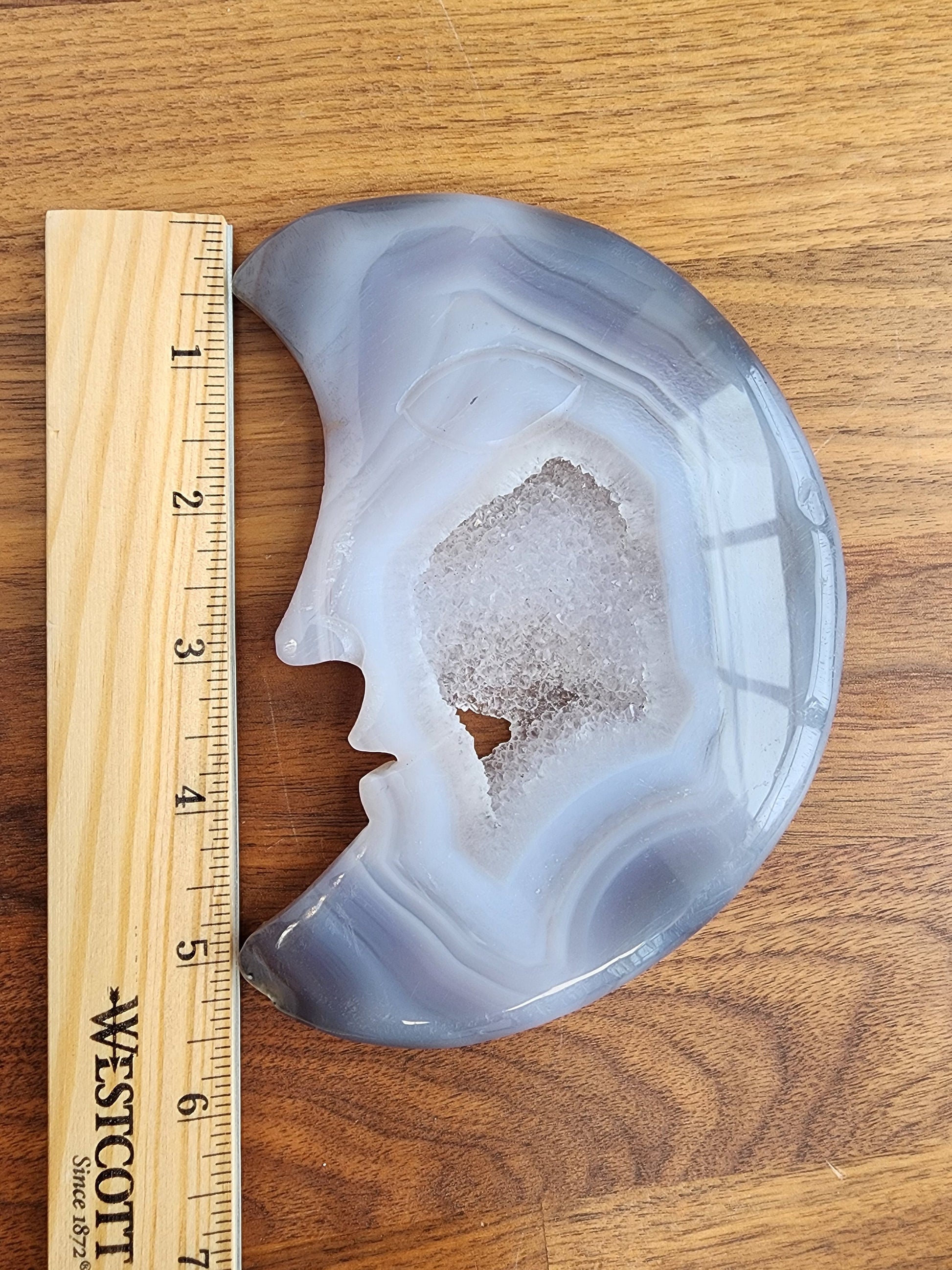 Druzy Banded Agate Moon | Large Crystal Crescent Statement Piece | Sparkly Crystal Geode | Blue, Beige | With Stand | Pop Rocks Decor