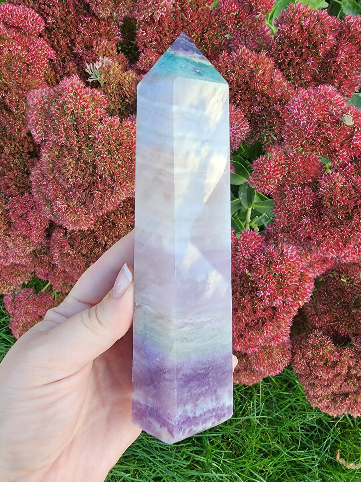 Huge crystal fluorite tower, large obelisk statement piece