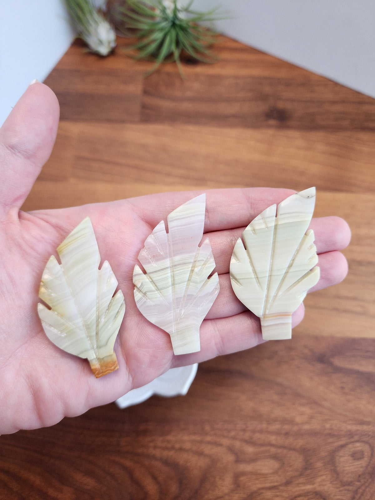 Hand Carved Pink Banded Onyx Leaf: Intuitively Chosen Crystal
