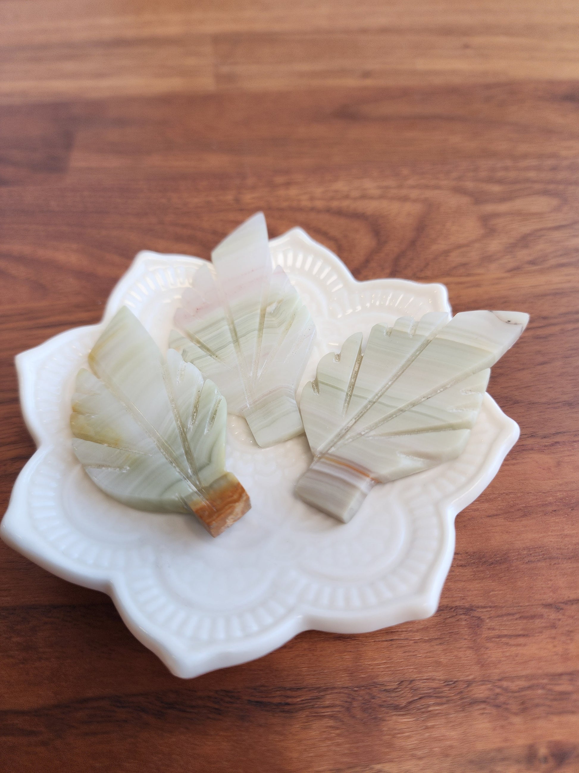 Hand Carved Pink Banded Onyx Leaf: Intuitively Chosen Crystal
