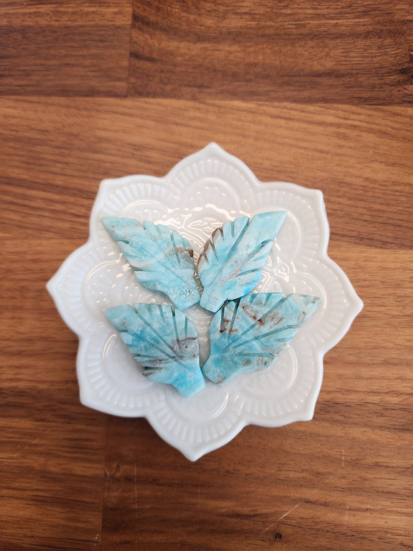 Blue Aragonite Crystal Leaf: Hand Carved Ocean Stone