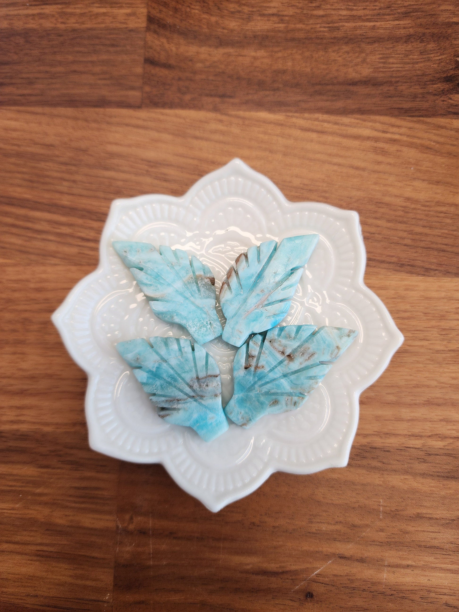 Blue Aragonite Crystal Leaf: Hand Carved Ocean Stone
