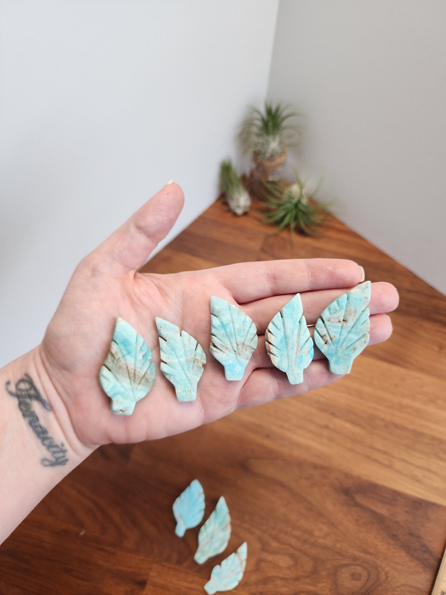 Blue Aragonite Crystal Leaf: Hand Carved Ocean Stone