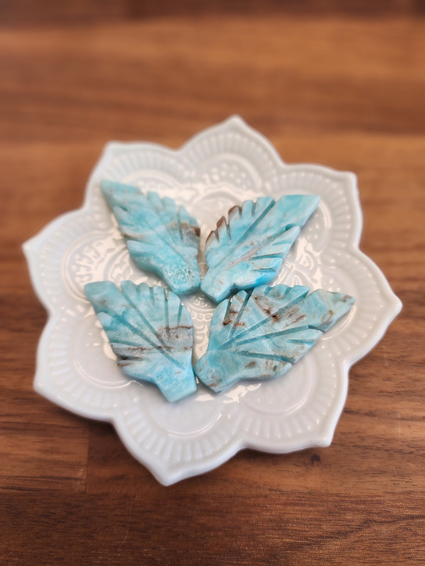 Blue Aragonite Crystal Leaf: Hand Carved Ocean Stone