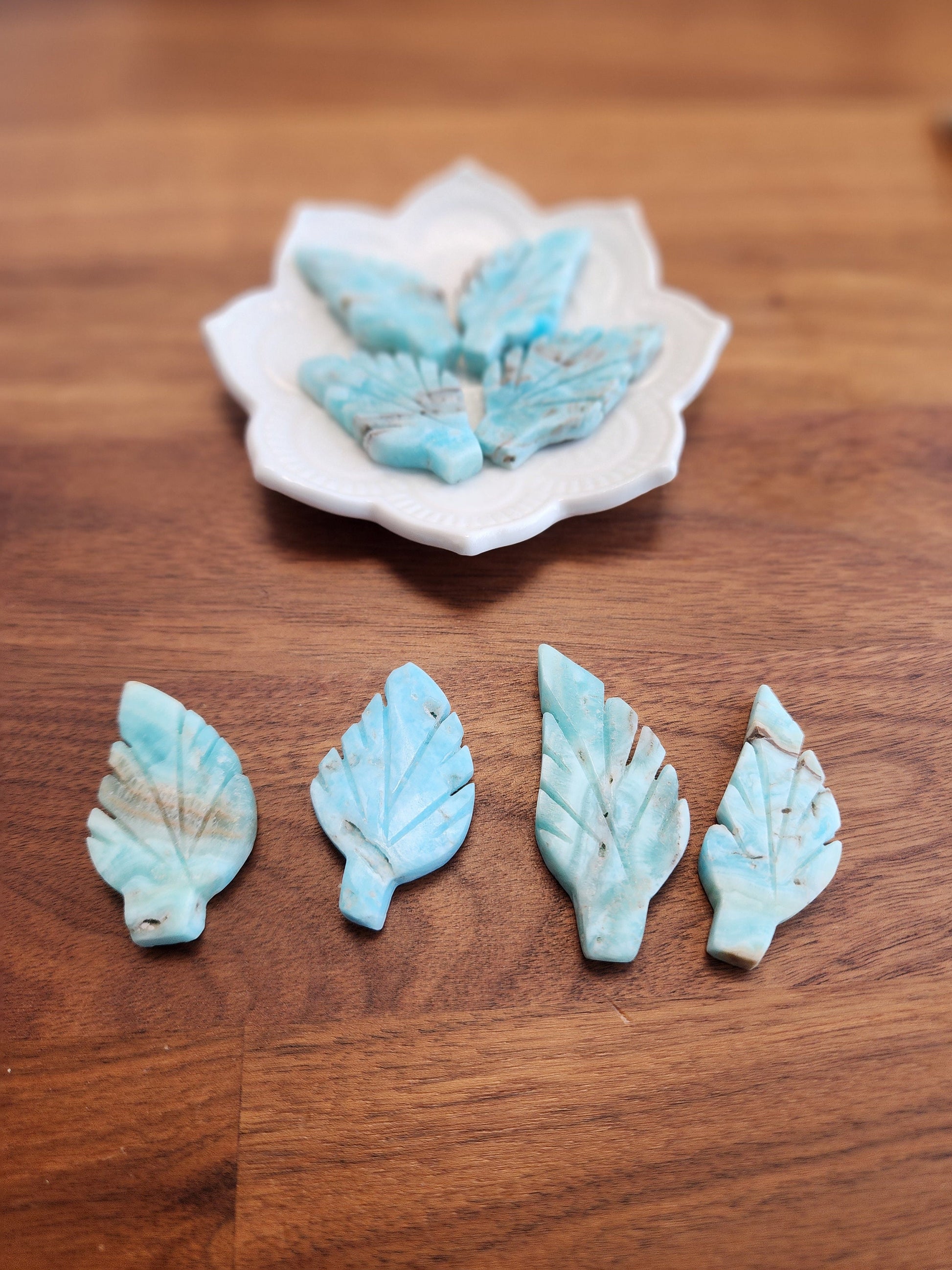 Blue Aragonite Crystal Leaf: Hand Carved Ocean Stone