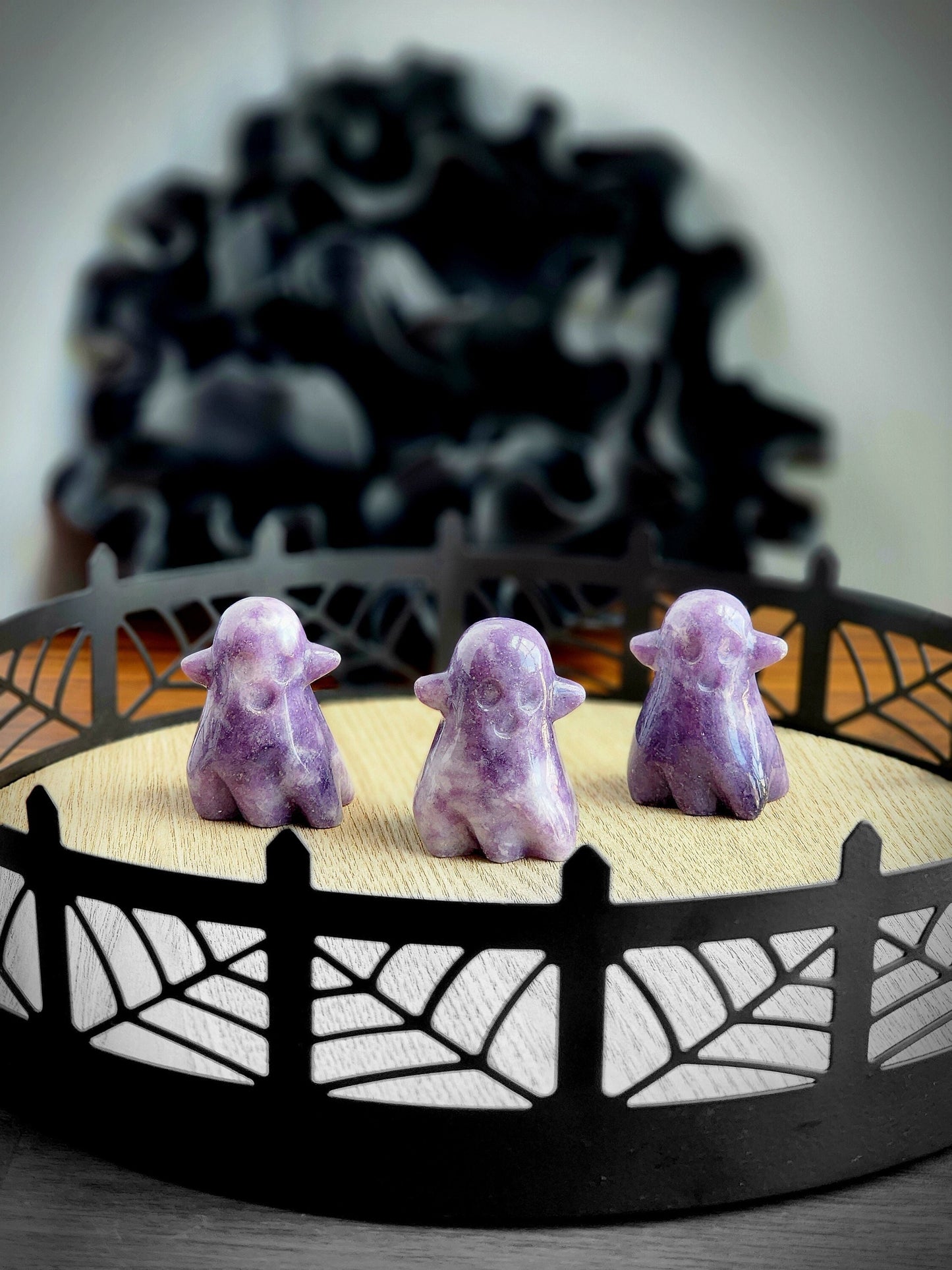 Purple Lepidolite Crystal ghost carvings for halloween or spooky season, lunar witch