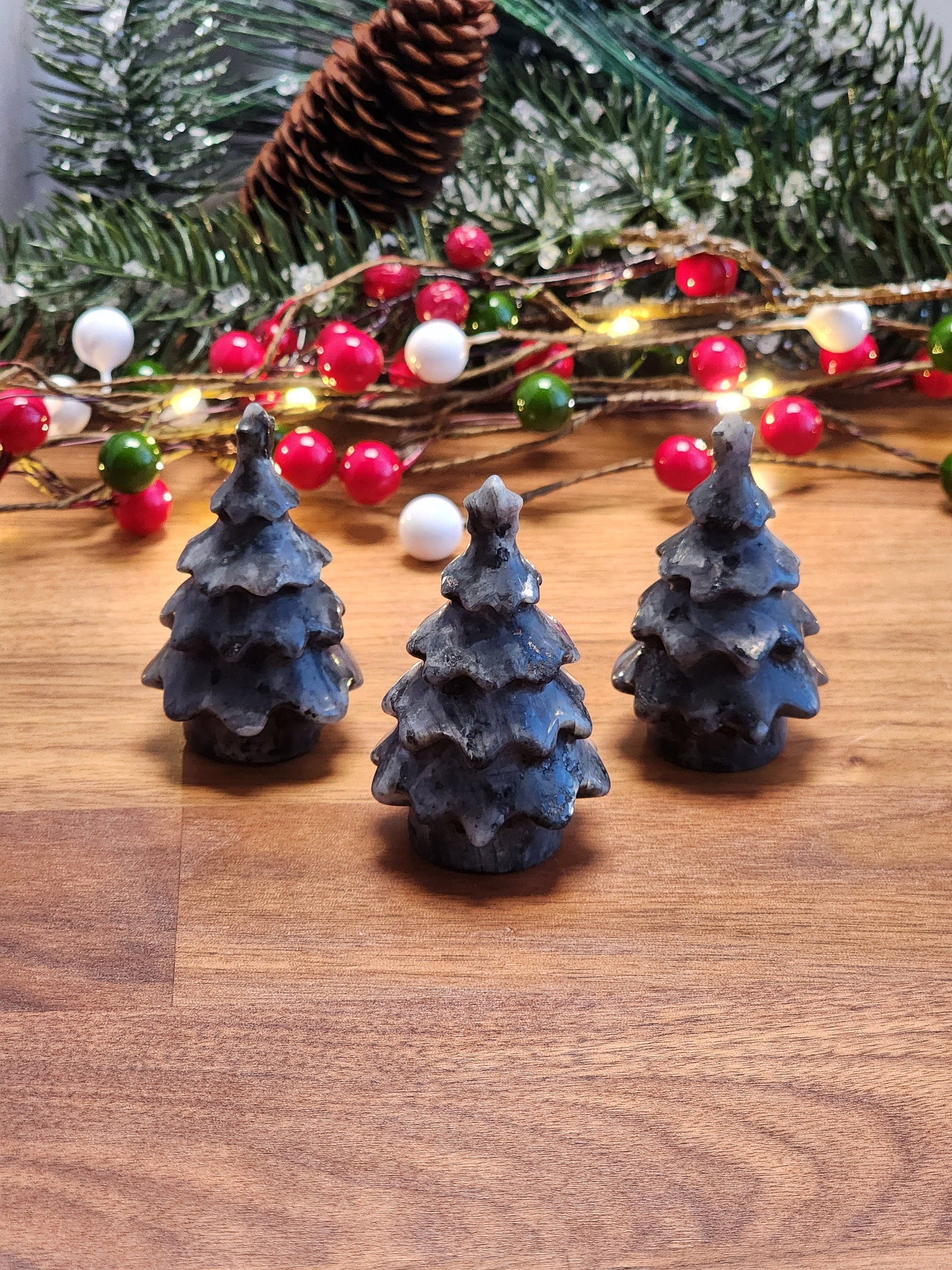 Larvakite Crystal Tree | Medium Christmas Crystals | Yule Trees | Silver Flash Holiday Decor | Winter Solstice Carving | Intuitively Chosen