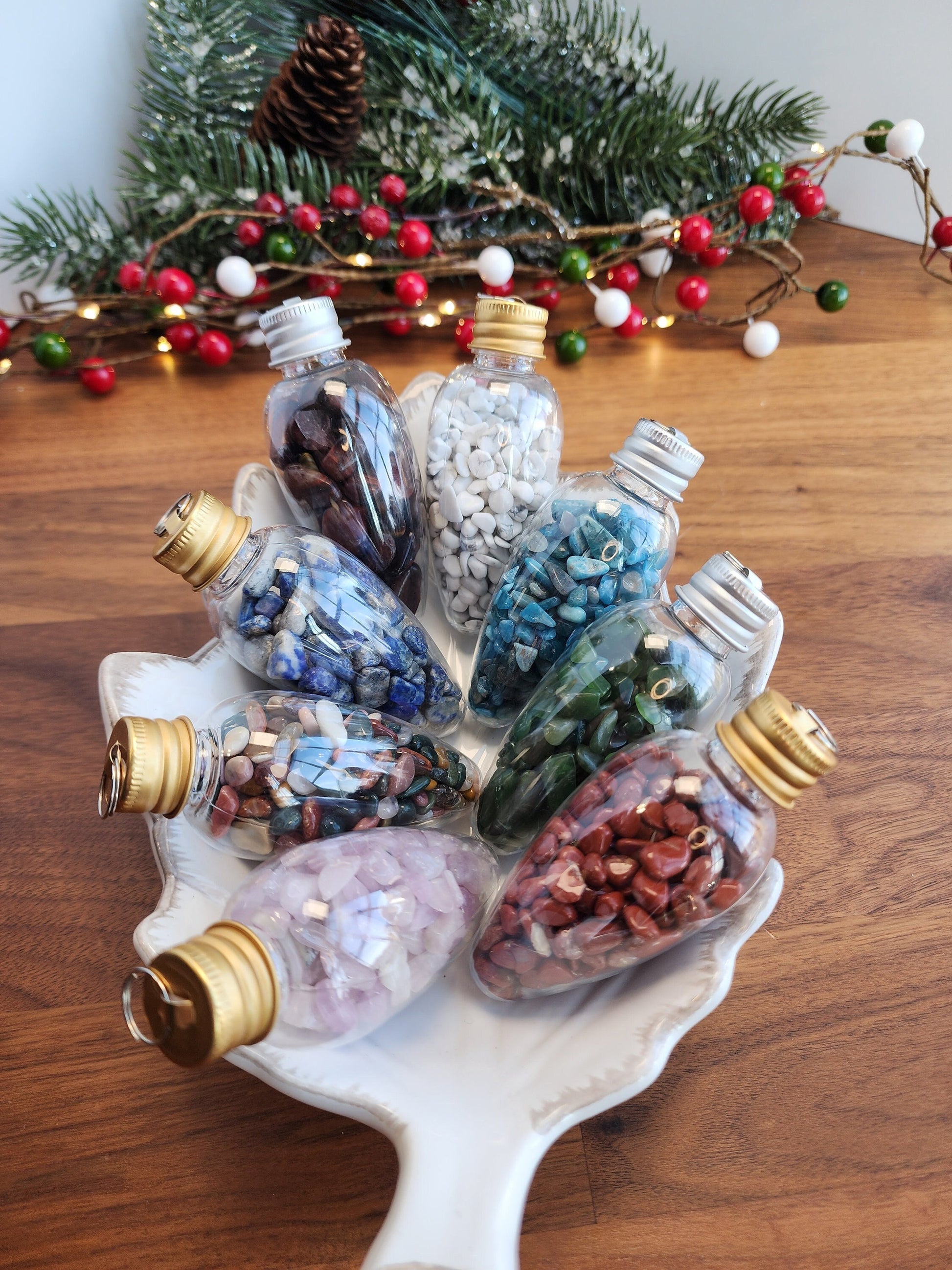 Crystal Chips Tree Ornaments | Hanging Christmas Bulbs | Kid Rock Crafts | Geology Rocks! | Green & Red | Natural Holiday Decor by Sullivan