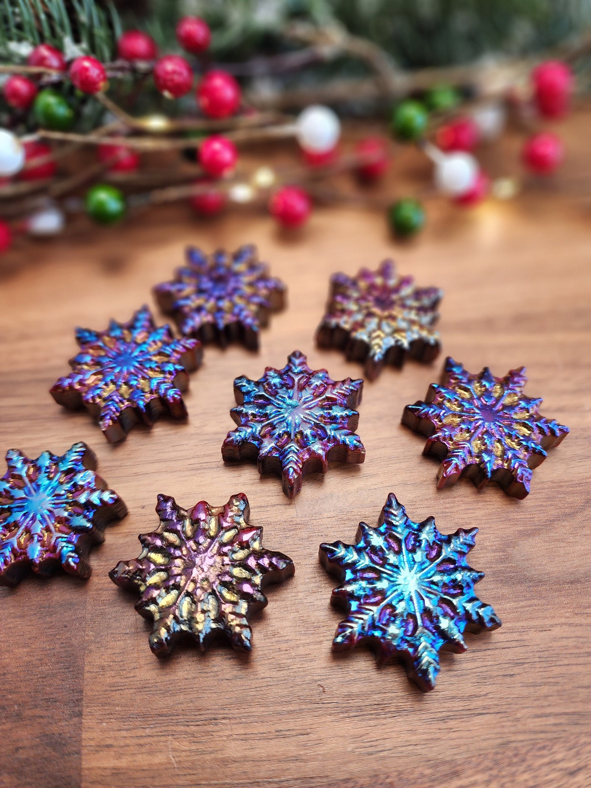 Aura Snowflake Crystal Carvings | Holiday Gifts | Aura Coated Mahogany Jasper | Rainbow Christmas Decor | Intuitively Chosen