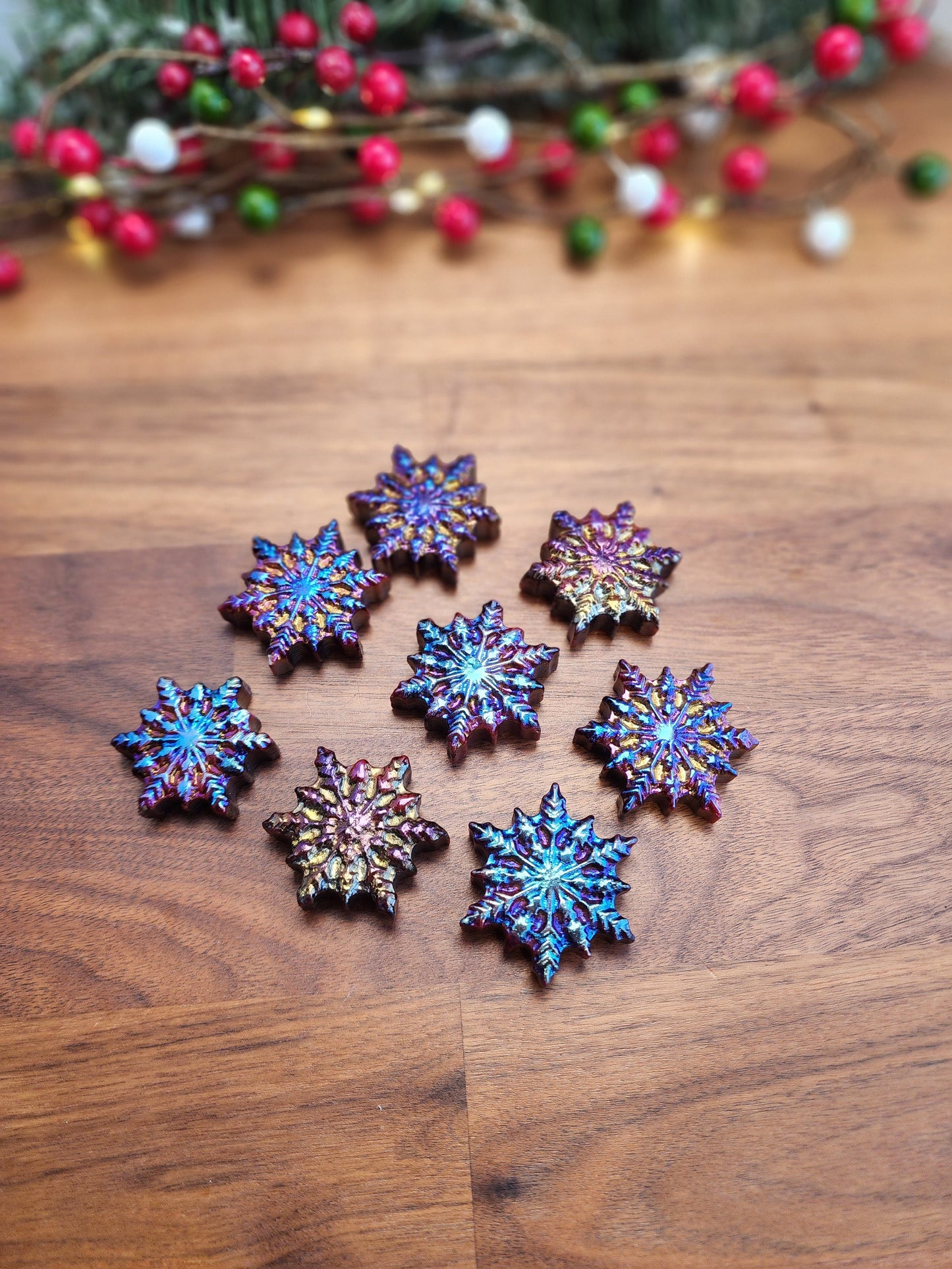 Aura Snowflake Crystal Carvings | Holiday Gifts | Aura Coated Mahogany Jasper | Rainbow Christmas Decor | Intuitively Chosen