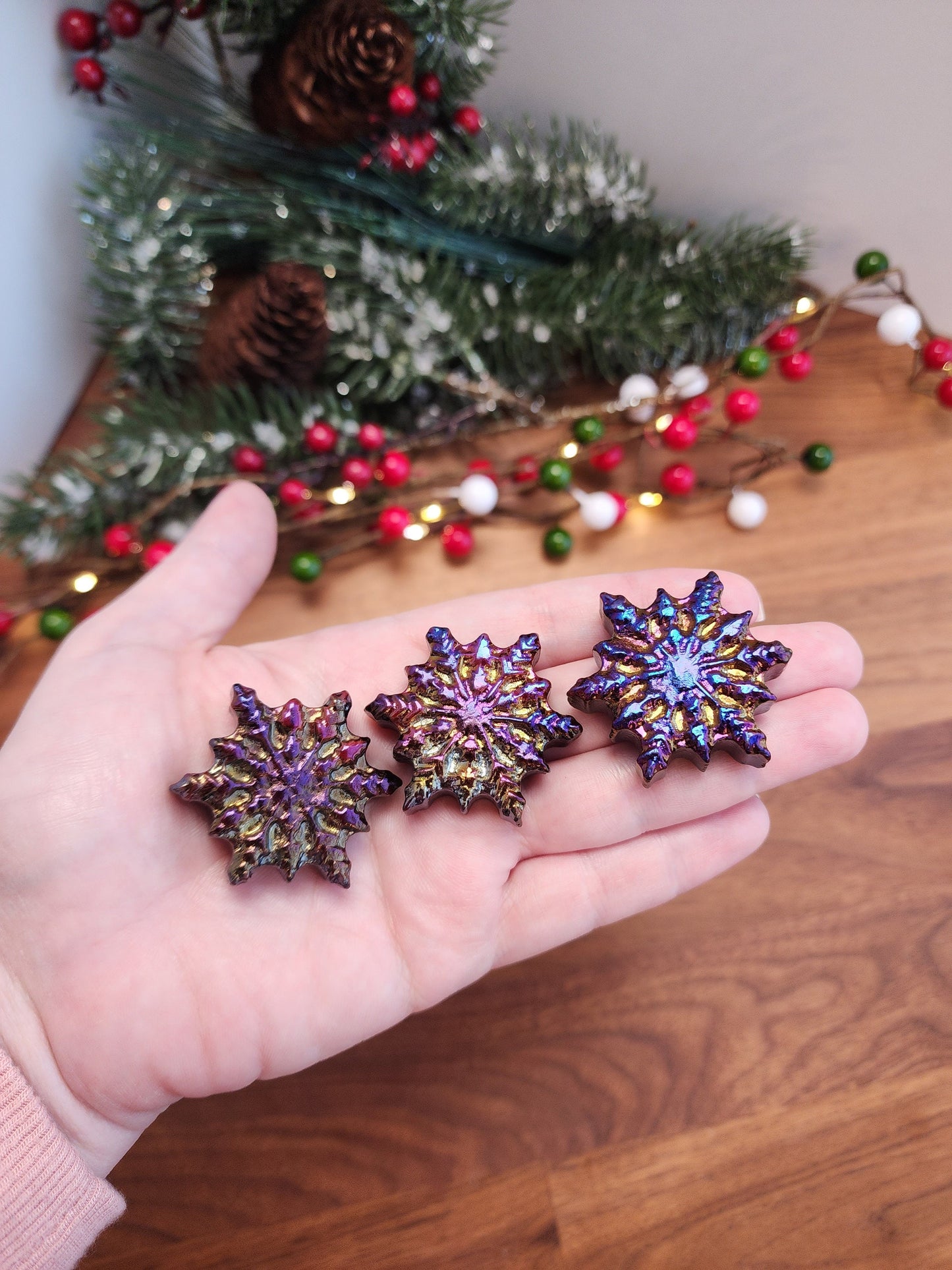 Aura Snowflake Crystal Carvings | Holiday Gifts | Aura Coated Mahogany Jasper | Rainbow Christmas Decor | Intuitively Chosen