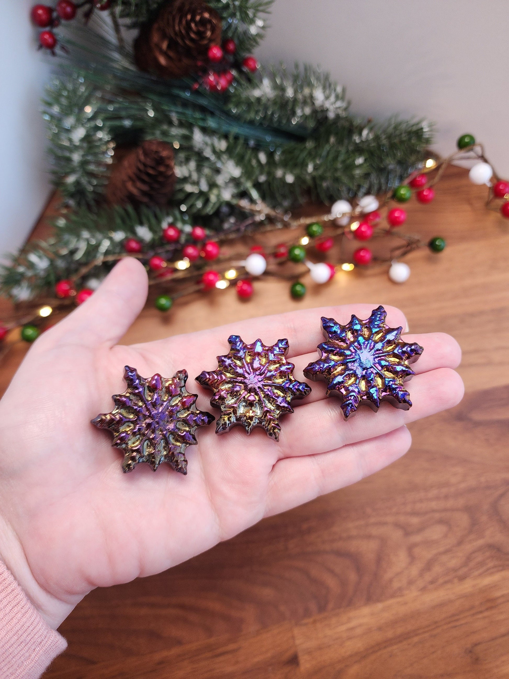 Aura Snowflake Crystal Carvings | Holiday Gifts | Aura Coated Mahogany Jasper | Rainbow Christmas Decor | Intuitively Chosen