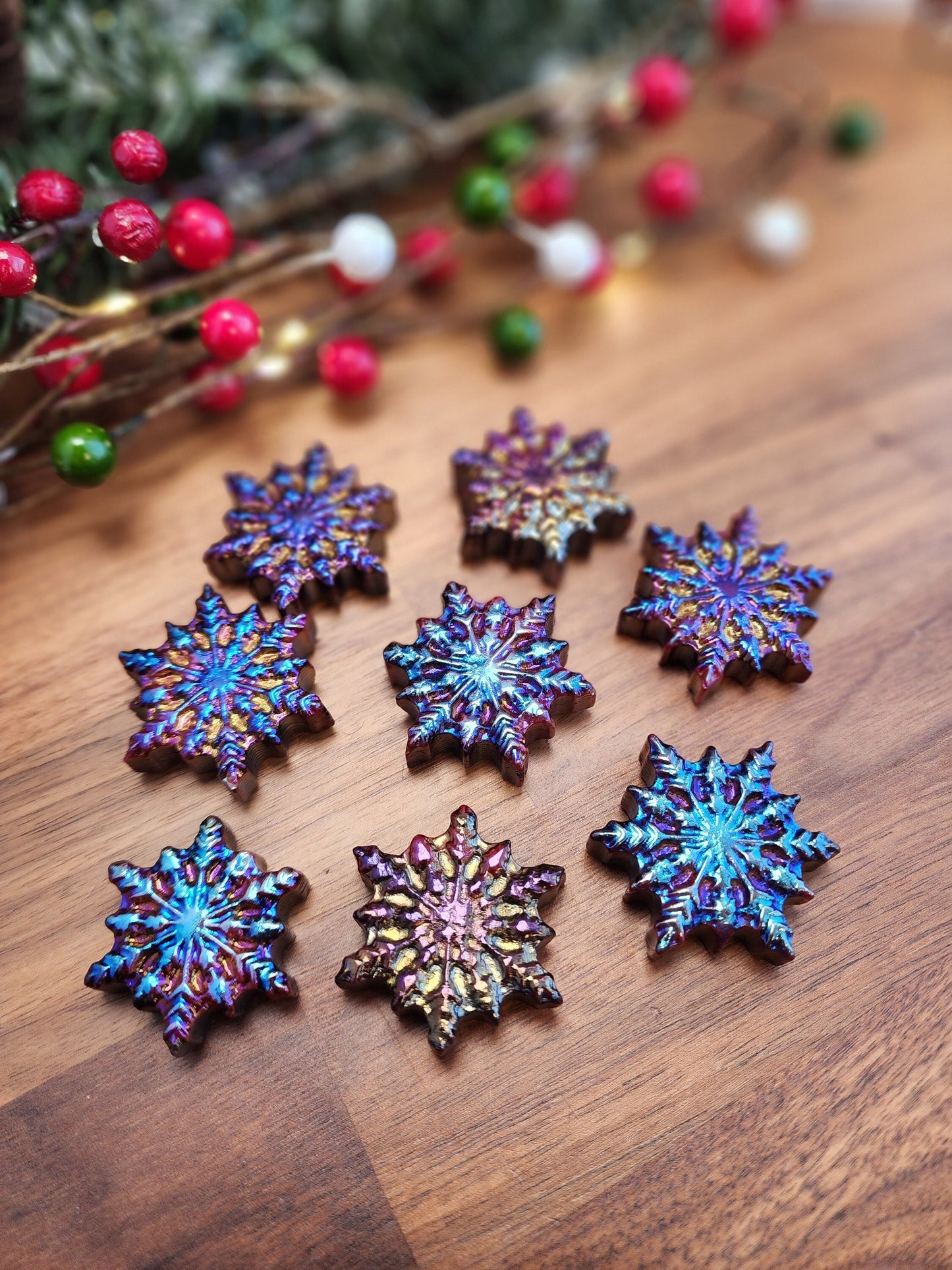 Aura coated crystal snowflakes. Rainbow holiday decor. Christmas rainbow decorations.