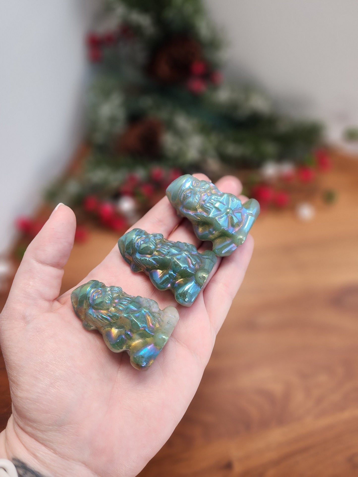 Rainbow Aura Green Aventurine Santa: Christmas Crystal Decor