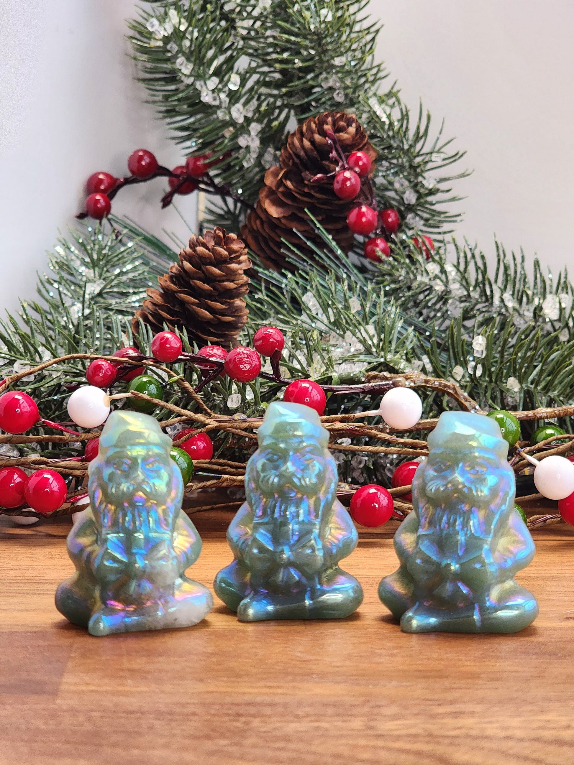 Rainbow Aura Green Aventurine Santa: Christmas Crystal Decor