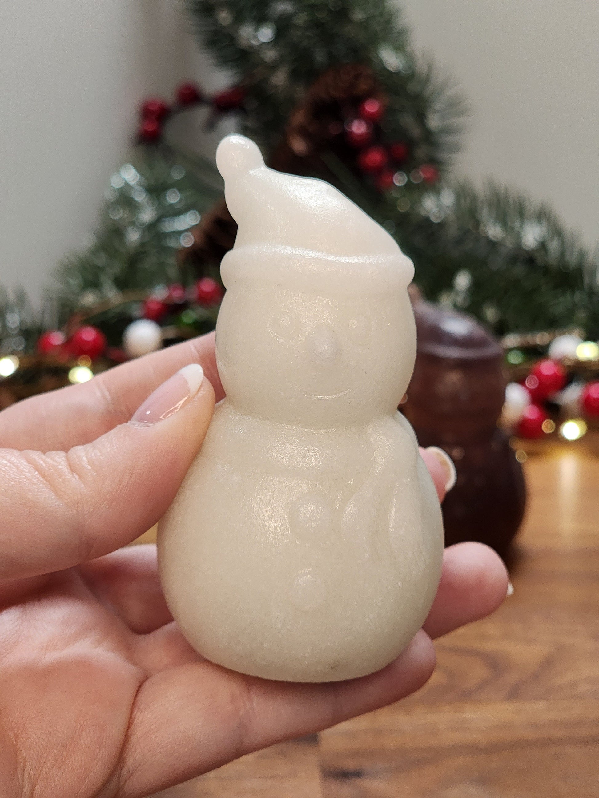 Large Crystal Snowman with Puff Ball Hat | White Jade or Purple Mica Fluorite | Christmas Crystals | Frosty | Winter Solstice Decor