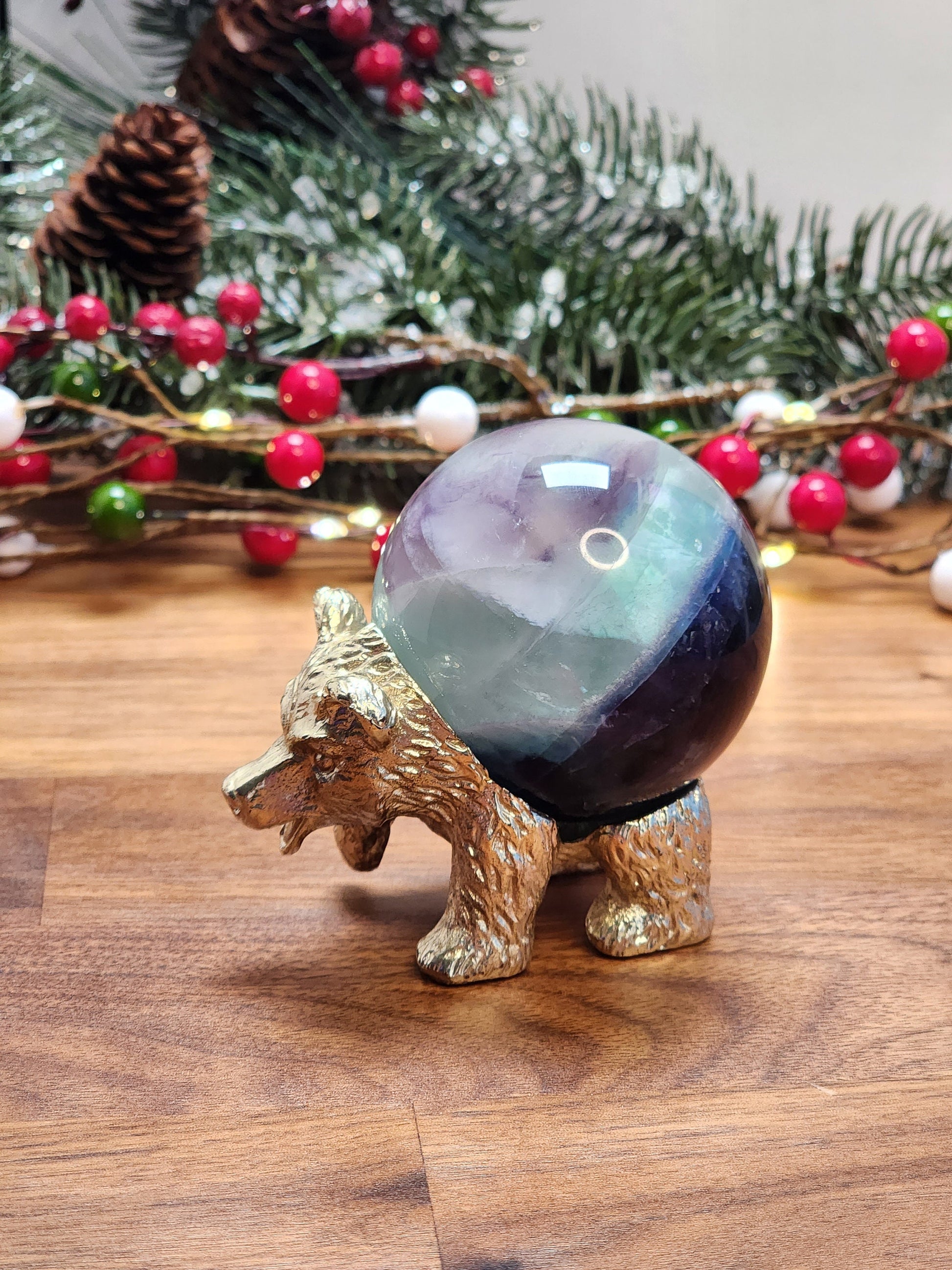 Fun Bear Sphere Stand | Gold Metal | Crystal Ball Holder | Display Prop for Winter Solstice | For Spheres up to 60MM | Cute Wild Bear Decor