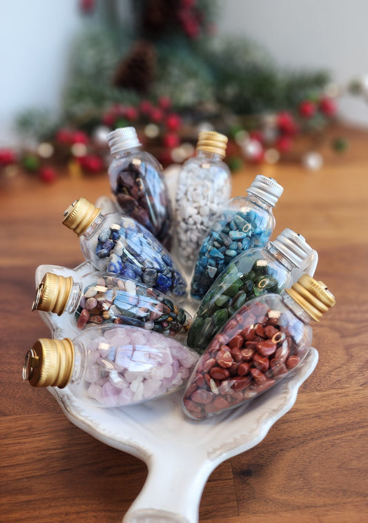 Crystal Christmas Ornaments filled with genuine crystal chips in blue apatitie, green jade, red jasper, citrine, alashan, howlite, high quality kunzite, lapis lazuli and red tigers eye. Perfect for your Christmas Tree decor.