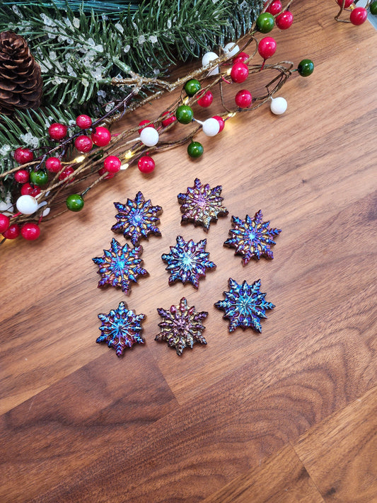Aura Coated Mahogany Jasper Snowflake Carving: Rainbow Christmas Decor