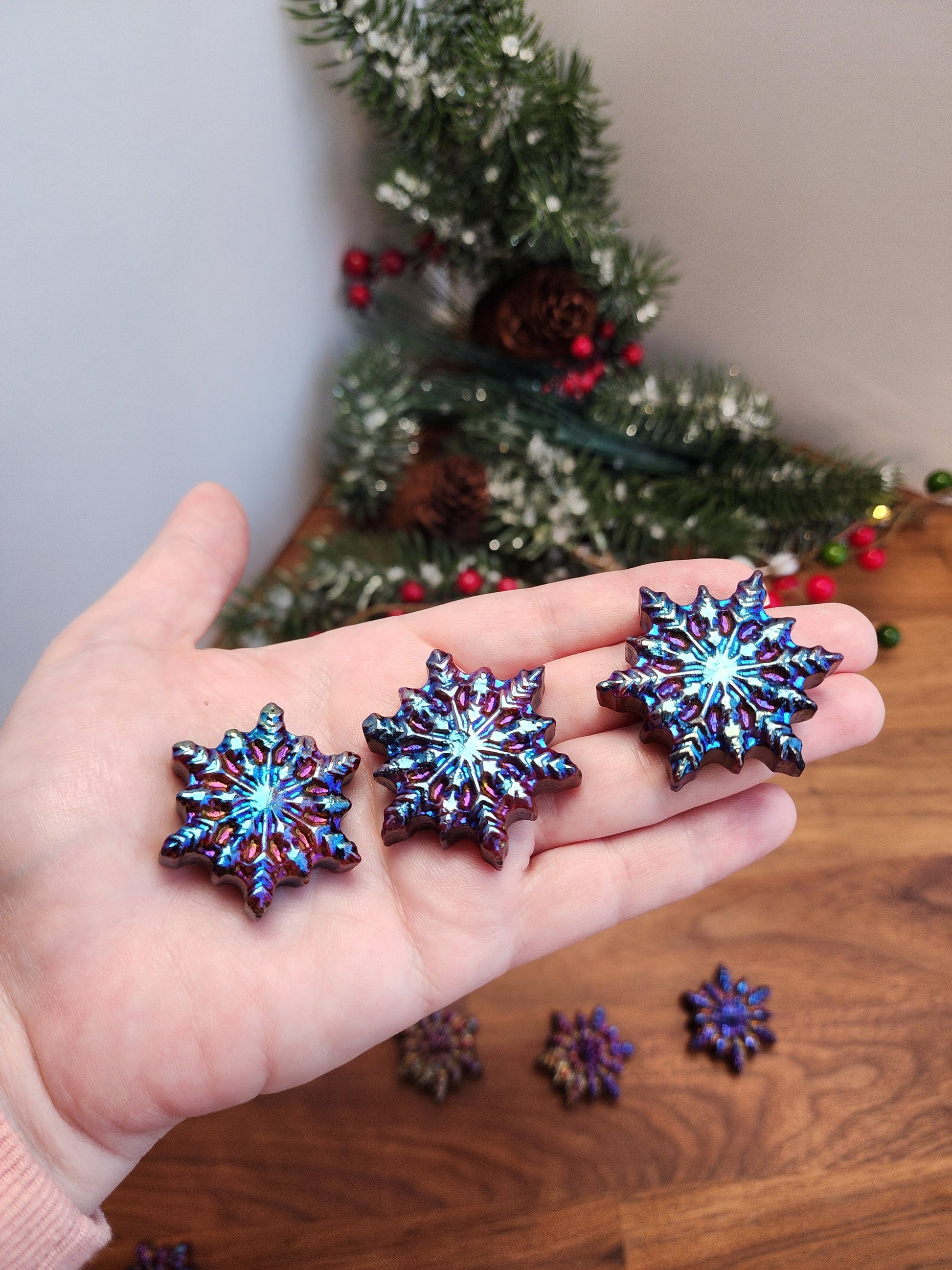 Aura Snowflake Crystal Carvings | Holiday Gifts | Aura Coated Mahogany Jasper | Rainbow Christmas Decor | Intuitively Chosen