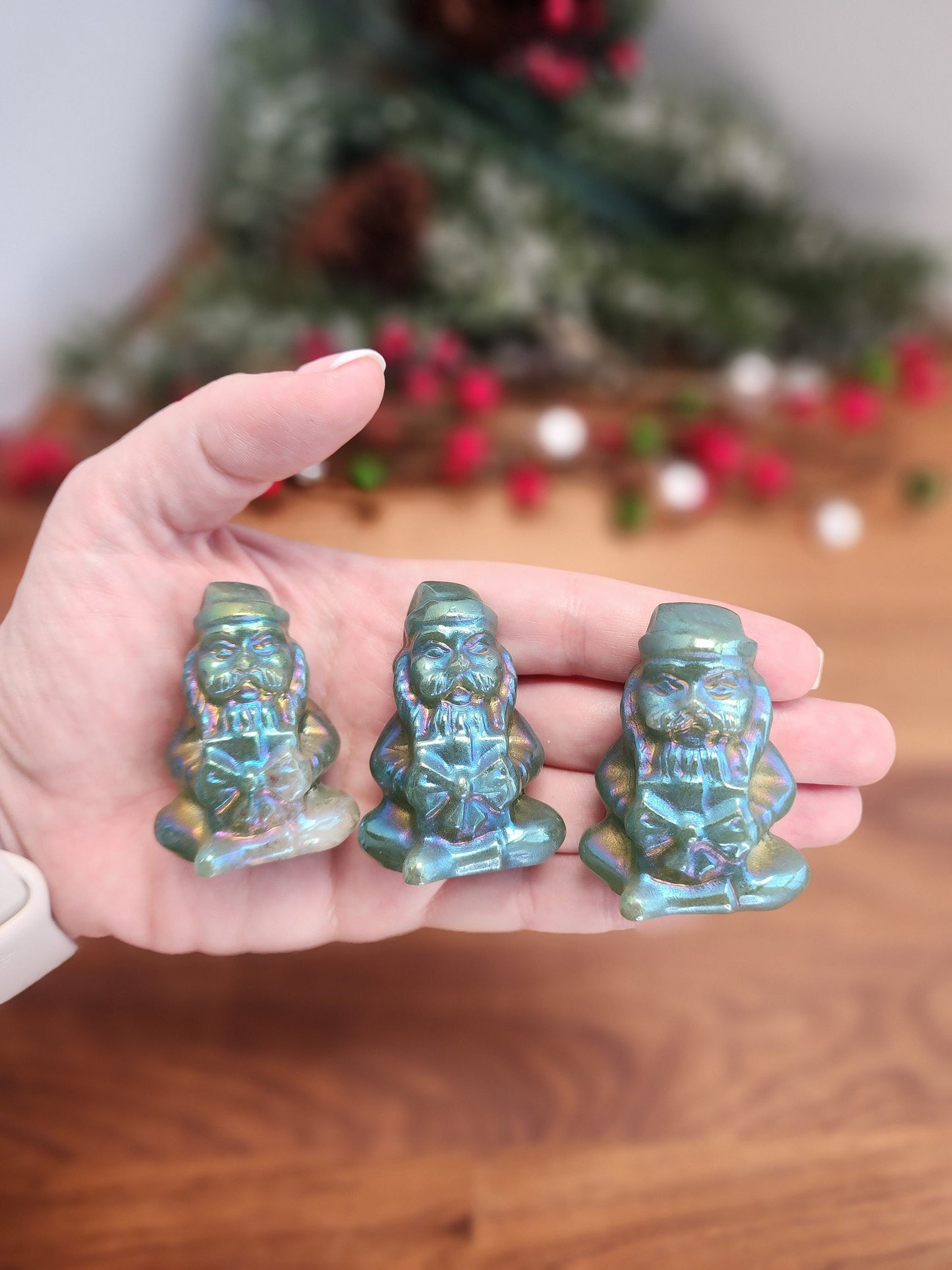 Rainbow Aura Green Aventurine Santa: Christmas Crystal Decor