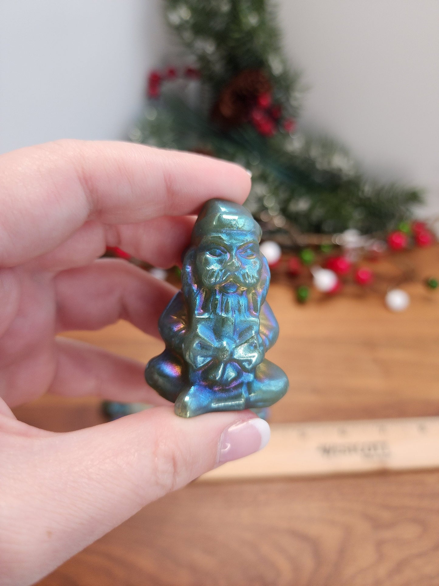 Rainbow Aura Green Aventurine Santa: Christmas Crystal Decor