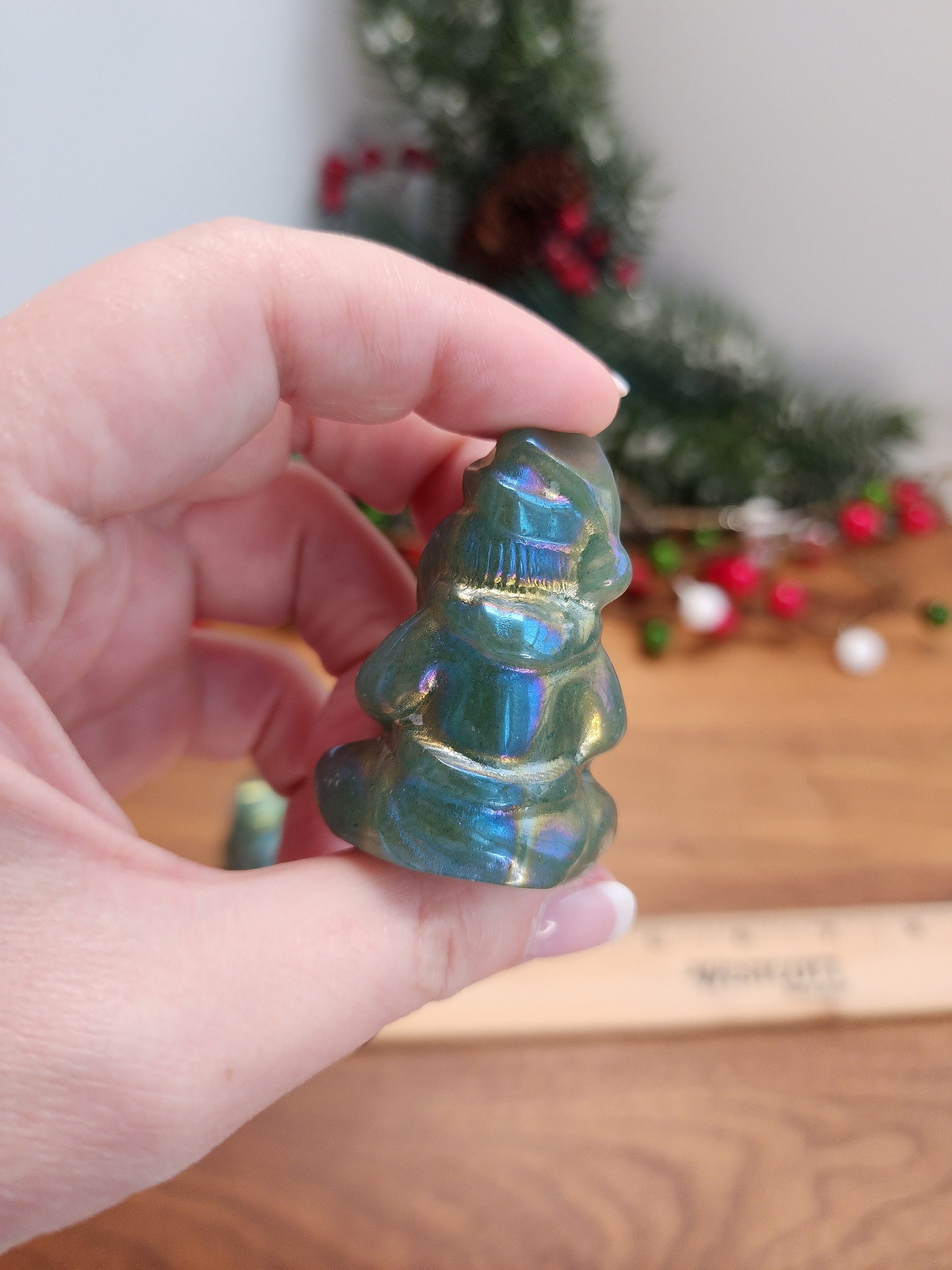Rainbow Aura Green Aventurine Santa: Christmas Crystal Decor