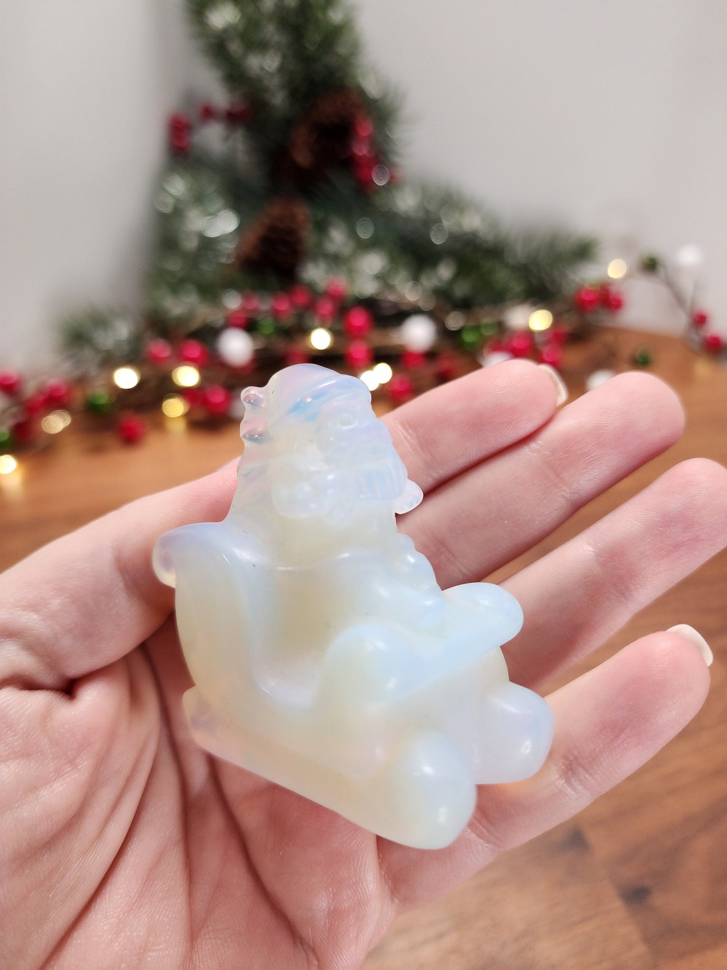 Opalite Santa Claus Figurine: Sleigh Christmas Crystal Decor