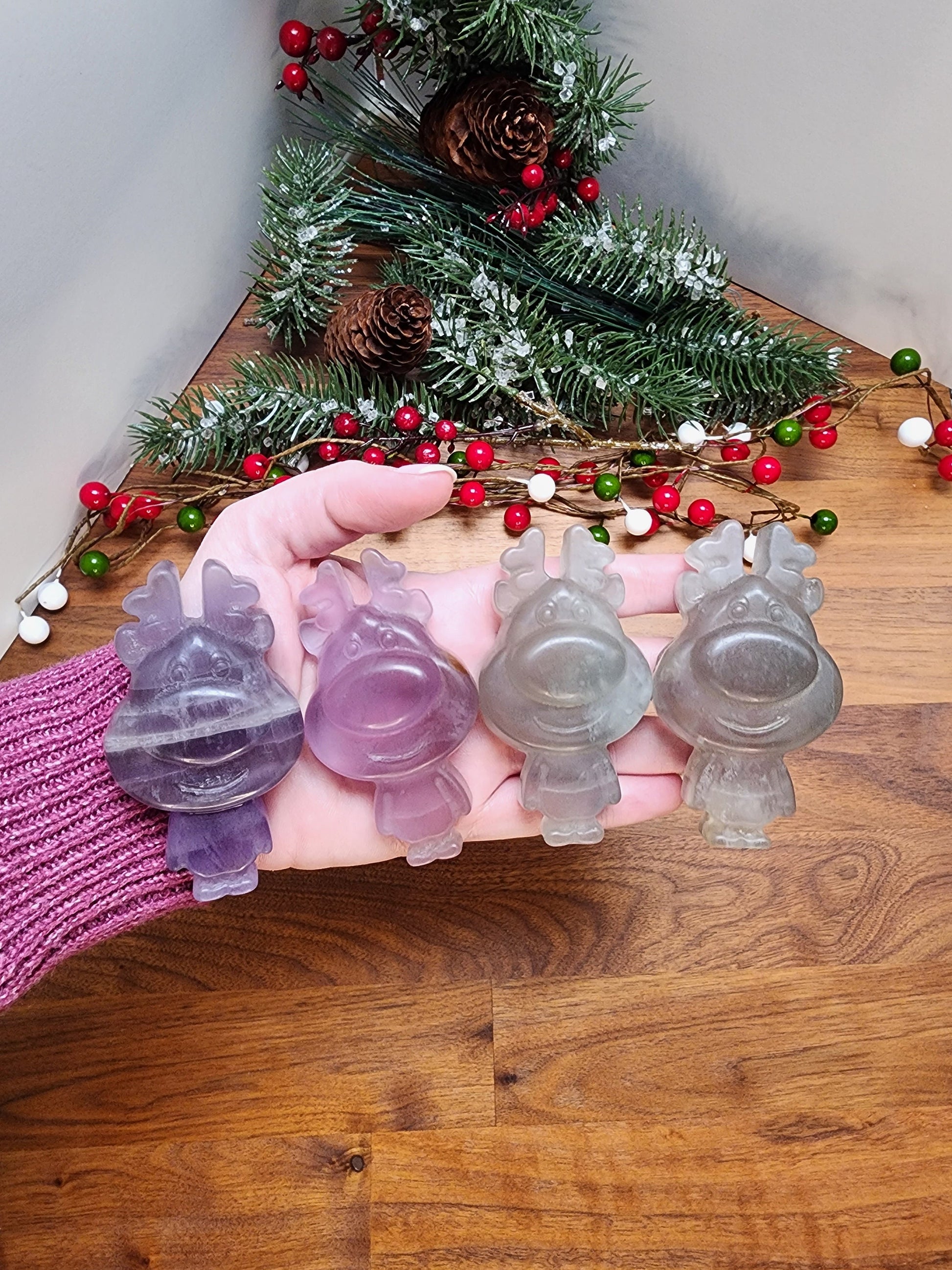 Fluorite Rudolph Crystal Carving: Purple or Green Reindeer