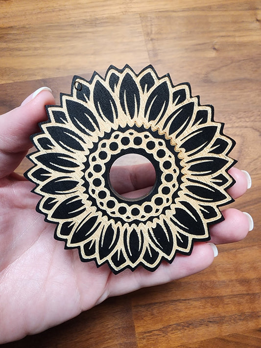 Black Etched Wood Sunflower Sphere Stand: Fall Decor (4 inch)