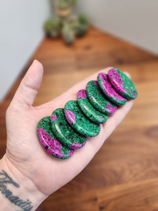 Ruby in Zoisite Worry Stone | 1.77" | Hot Pink & Bright Green Crystal | UV Reactive | Pocket Crystals | ADHD Fidget | Dye Enhanced Quartzite