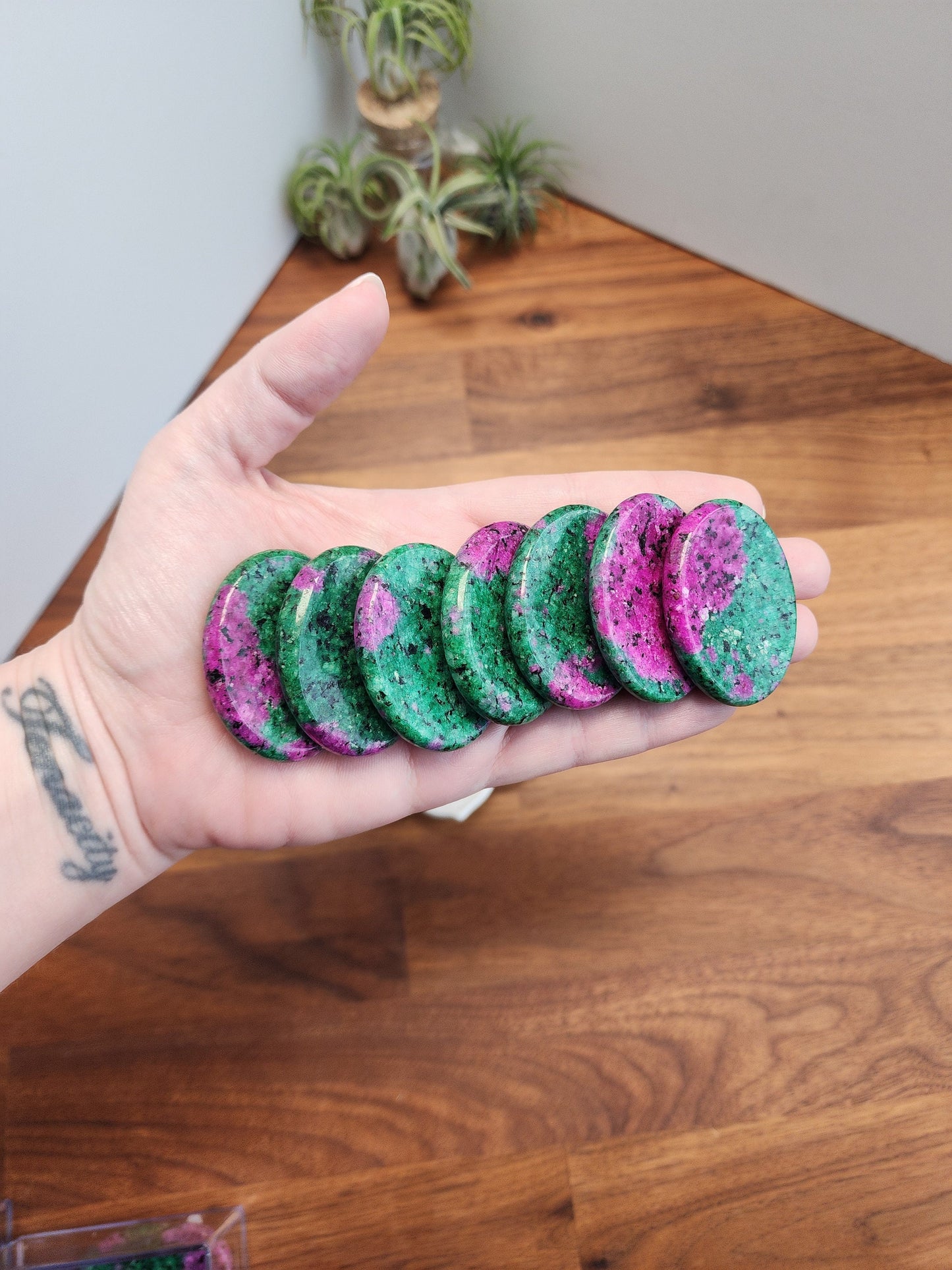 Ruby in Zoisite Worry Stone | 1.77" | Hot Pink & Bright Green Crystal | UV Reactive | Pocket Crystals | ADHD Fidget | Dye Enhanced Quartzite