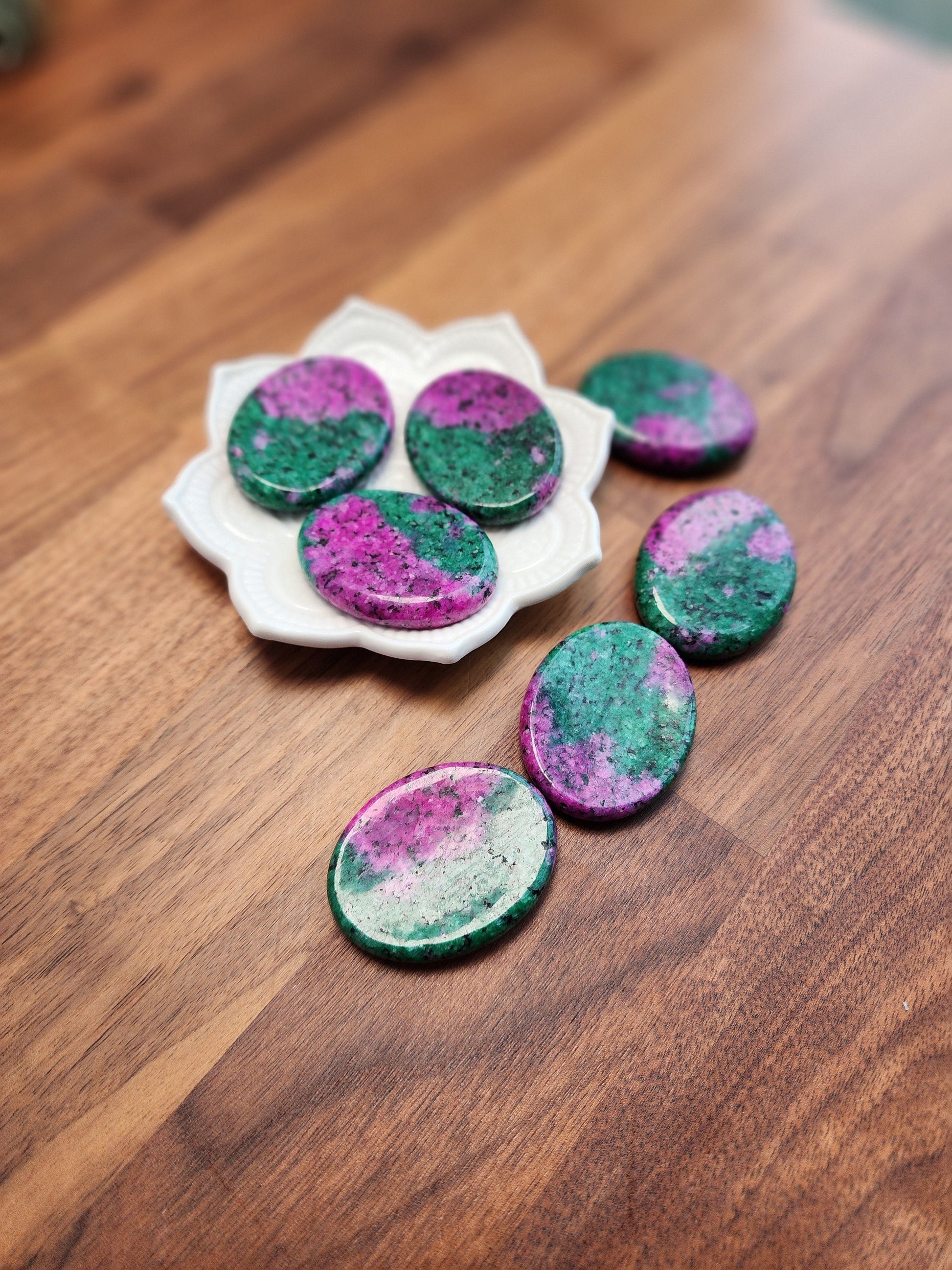 Ruby in Zoisite Worry Stone | 1.77" | Hot Pink & Bright Green Crystal | UV Reactive | Pocket Crystals | ADHD Fidget | Dye Enhanced Quartzite