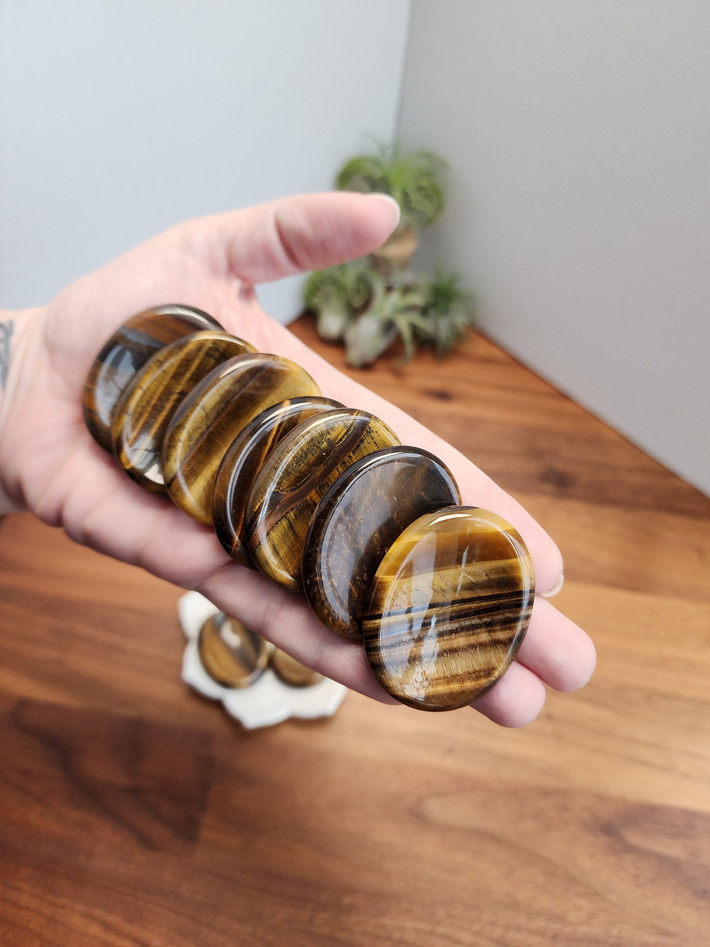 Yellow Tiger Eye Worry Stones | 1.7" | Gold Flash on wood look crystal material | Intuitively Chosen