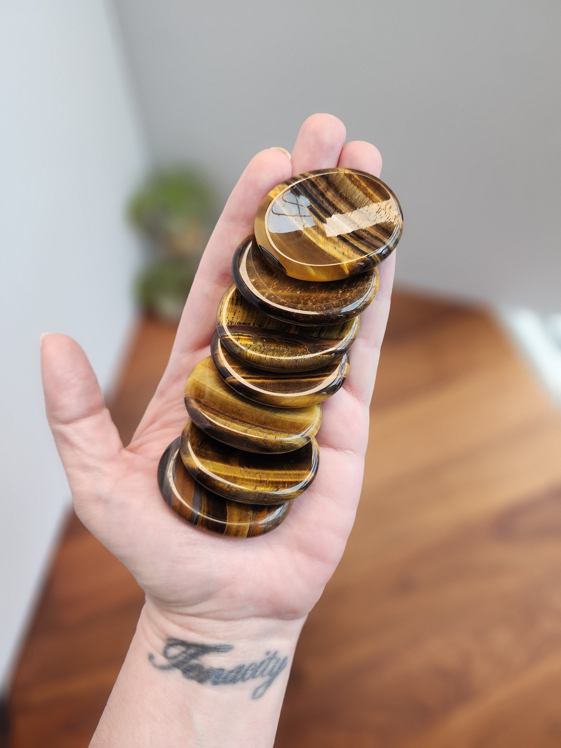 Yellow Tiger Eye Worry Stones | 1.7" | Gold Flash on wood look crystal material | Intuitively Chosen