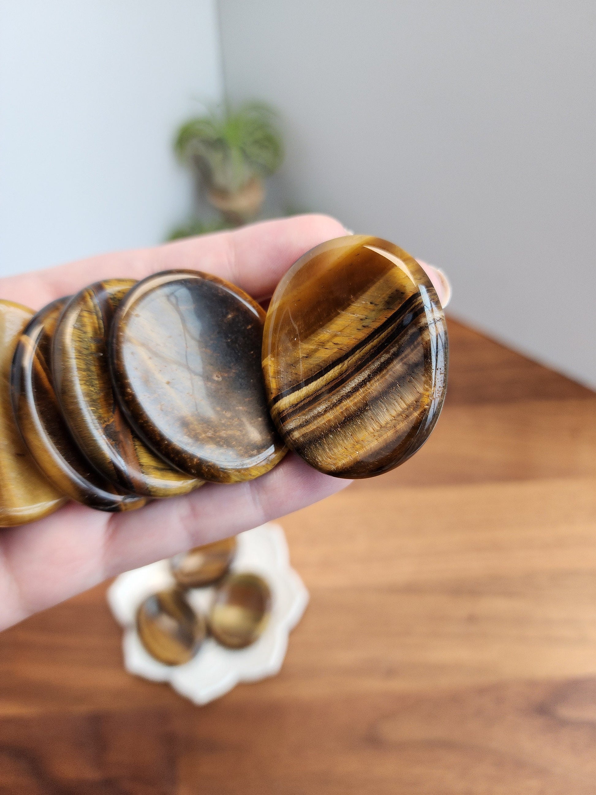 Yellow Tiger Eye Worry Stones | 1.7" | Gold Flash on wood look crystal material | Intuitively Chosen